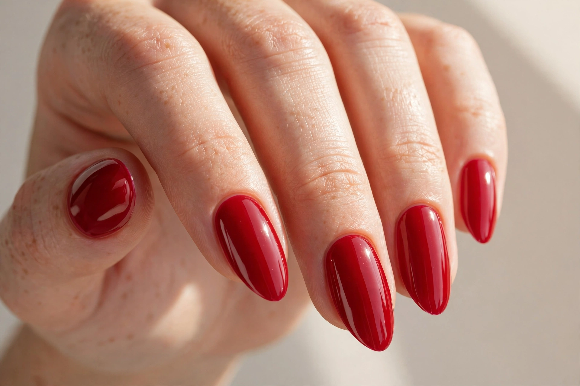 Classic cherry red gel nail design on almond shaped nails