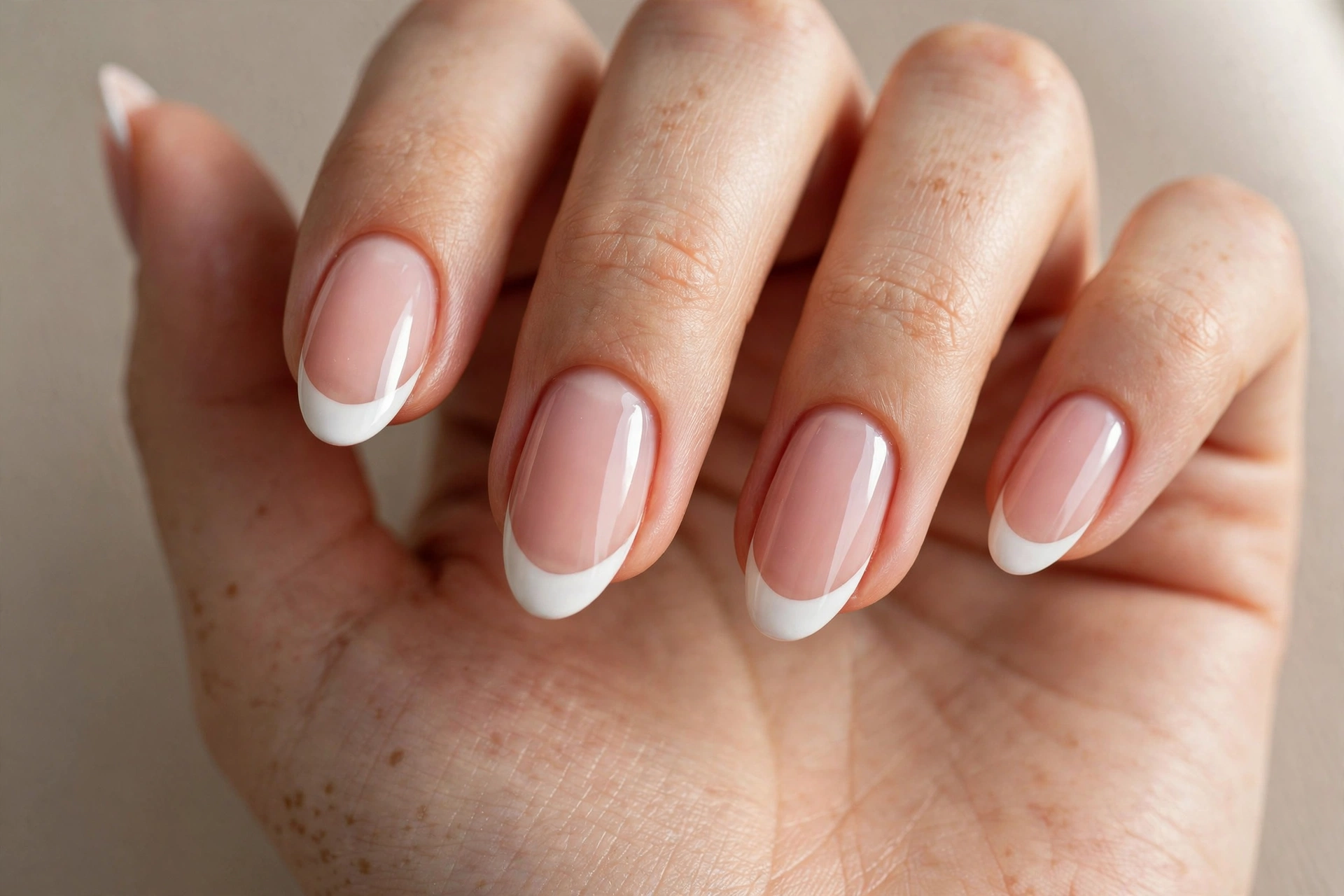 French tip gel nail design with white tips over natural pink base