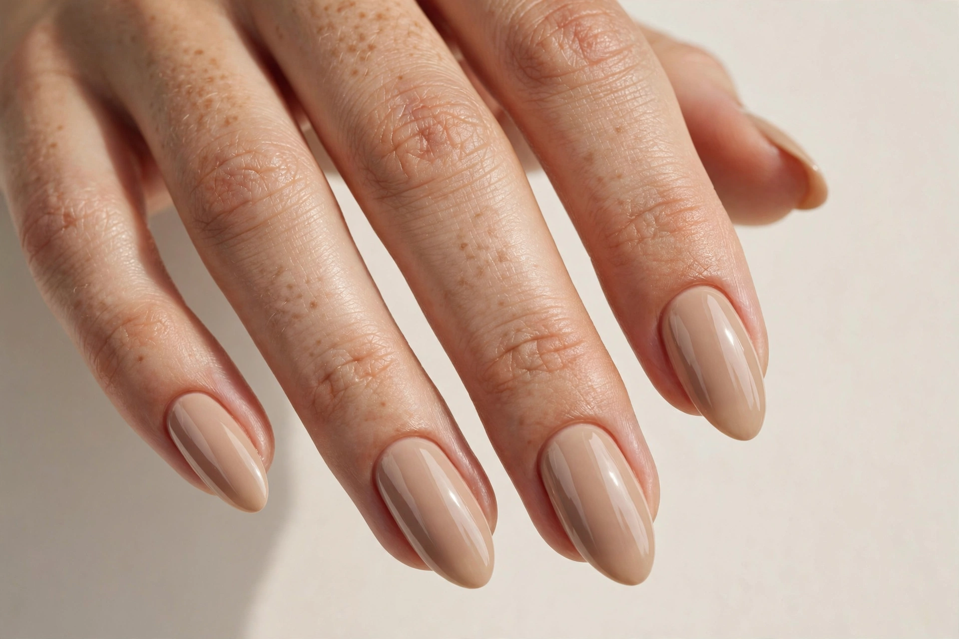 Nude beige gel nail design on almond shaped nails