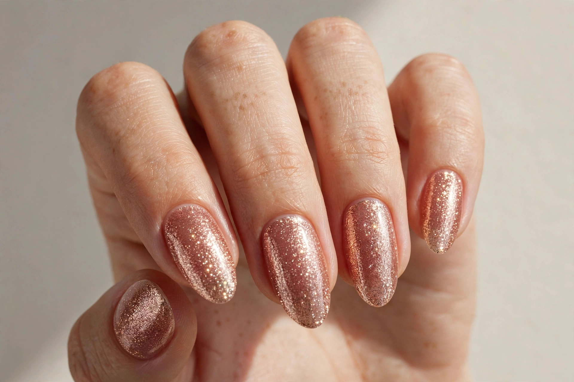 Rose gold glitter gel nail design