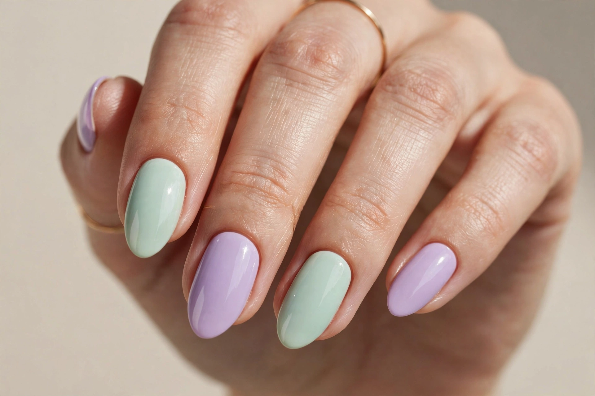 Pastel lavender and mint gel nail design