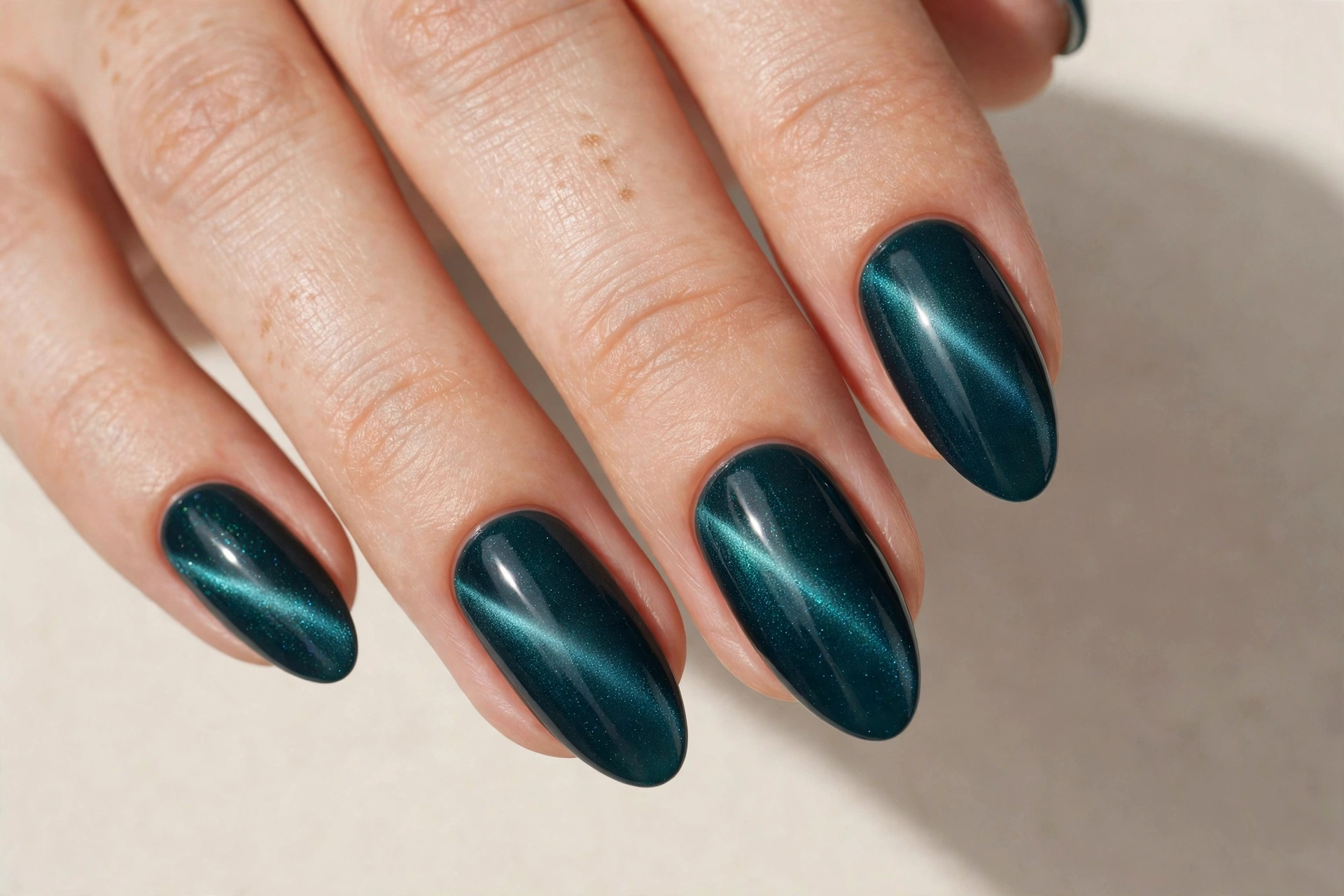 Cat-eye magnetic gel nail design in deep teal