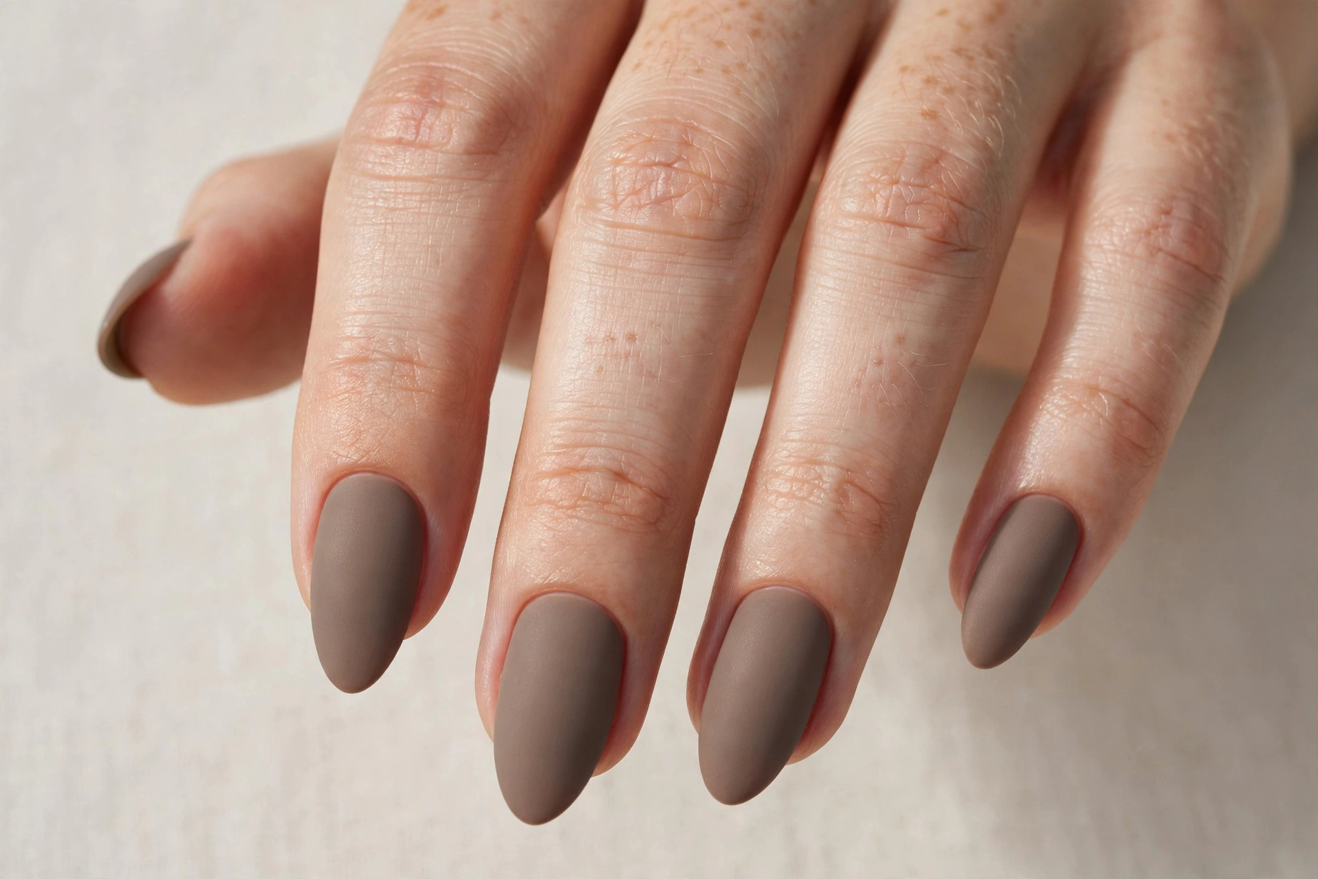 Matte taupe gel nail design with velvety finish