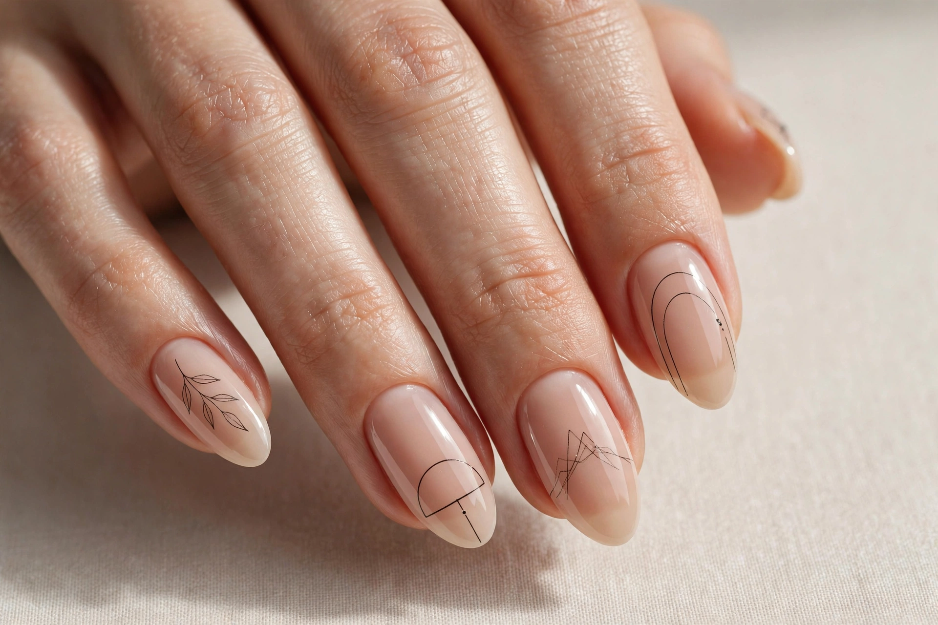 Nude gel nails with minimalist black line art