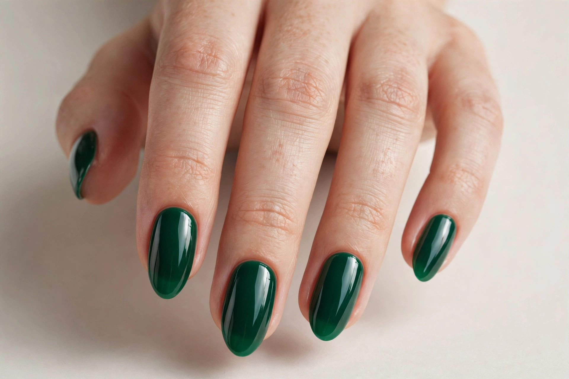 Emerald green gel nail design on almond nails