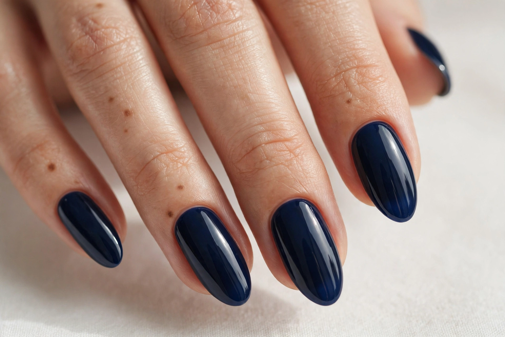 Navy blue gel nail design on almond shaped nails
