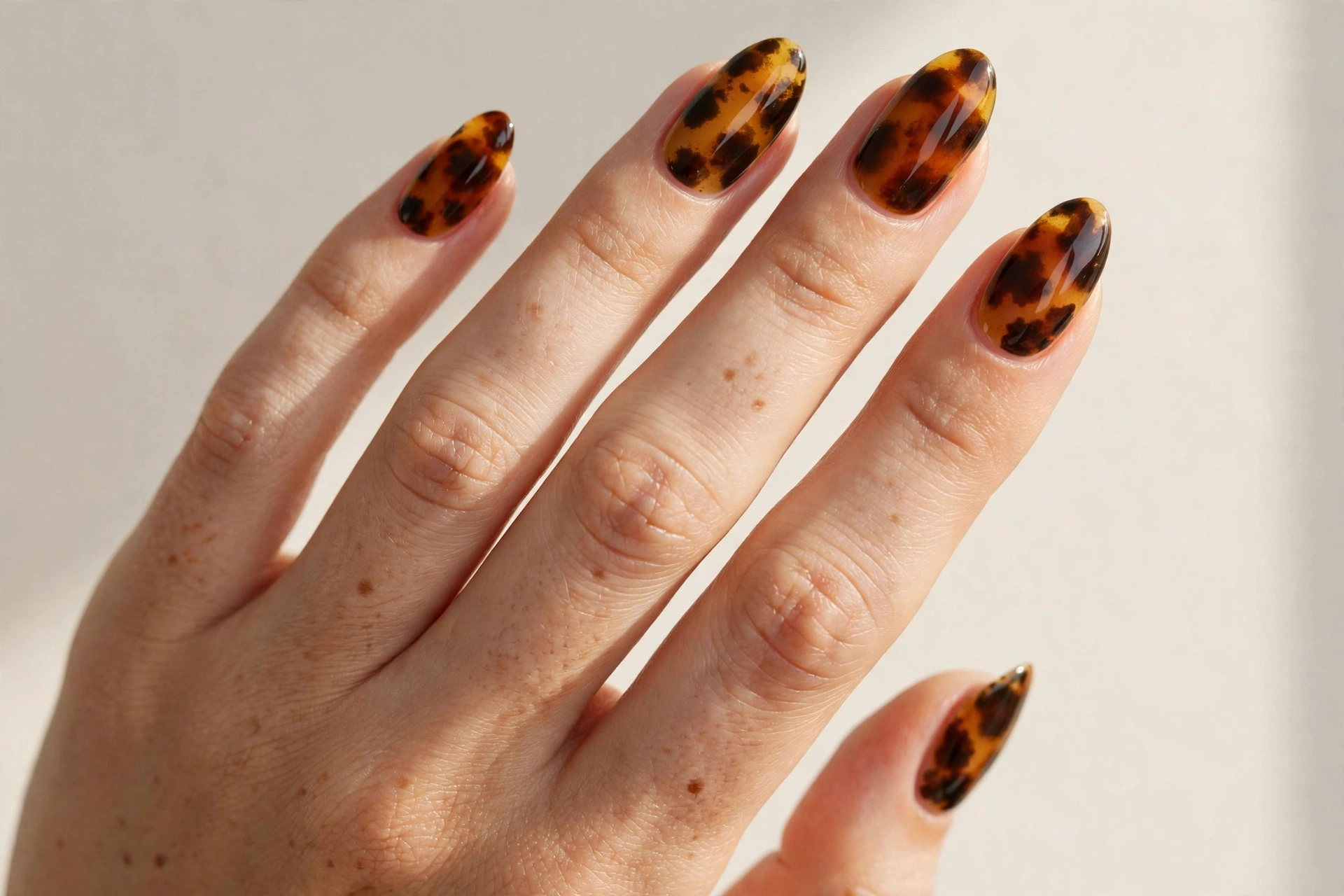 Tortoiseshell gel nail art with amber and brown pattern