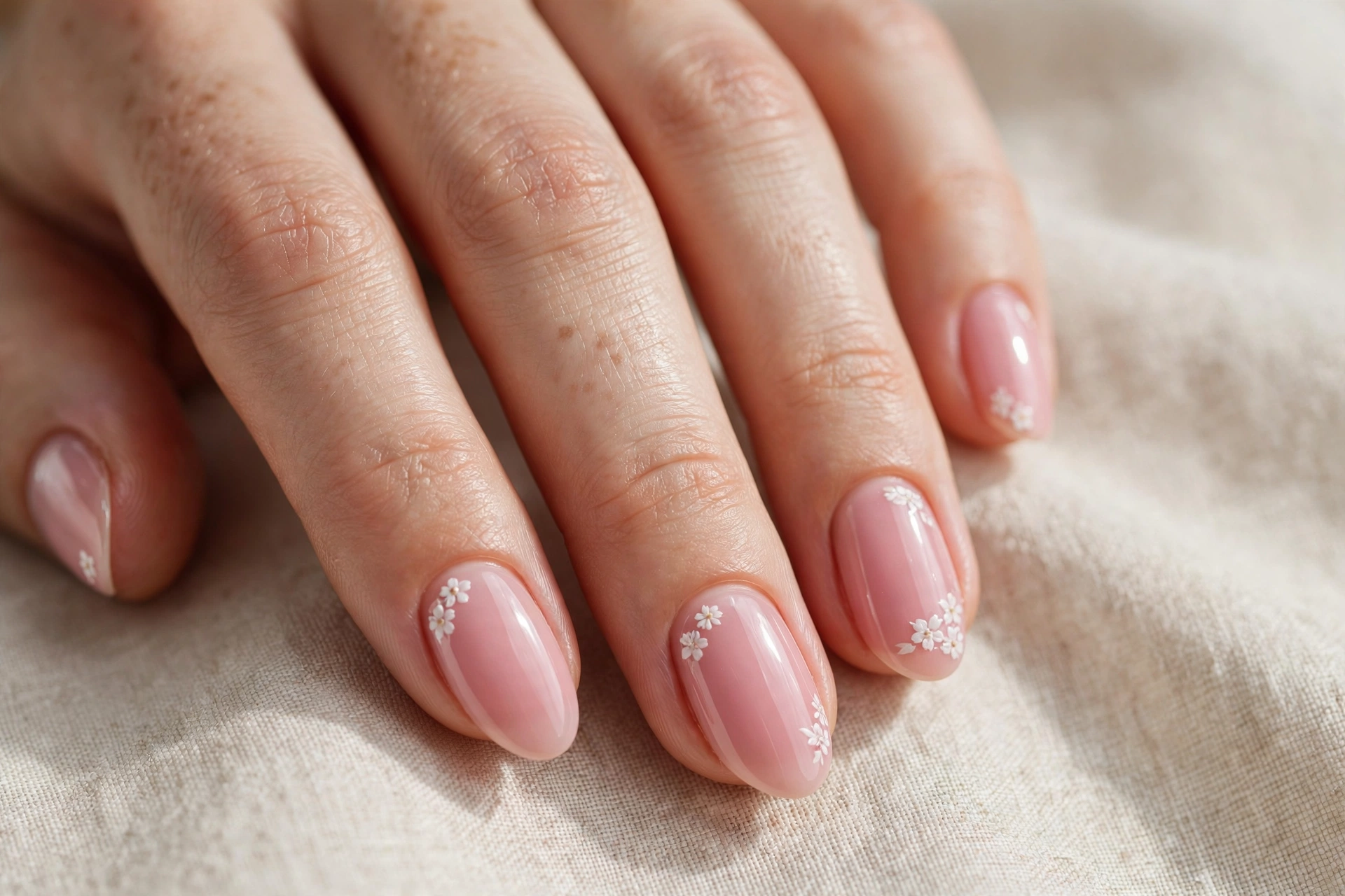 Soft pink gel nails with tiny white floral nail art