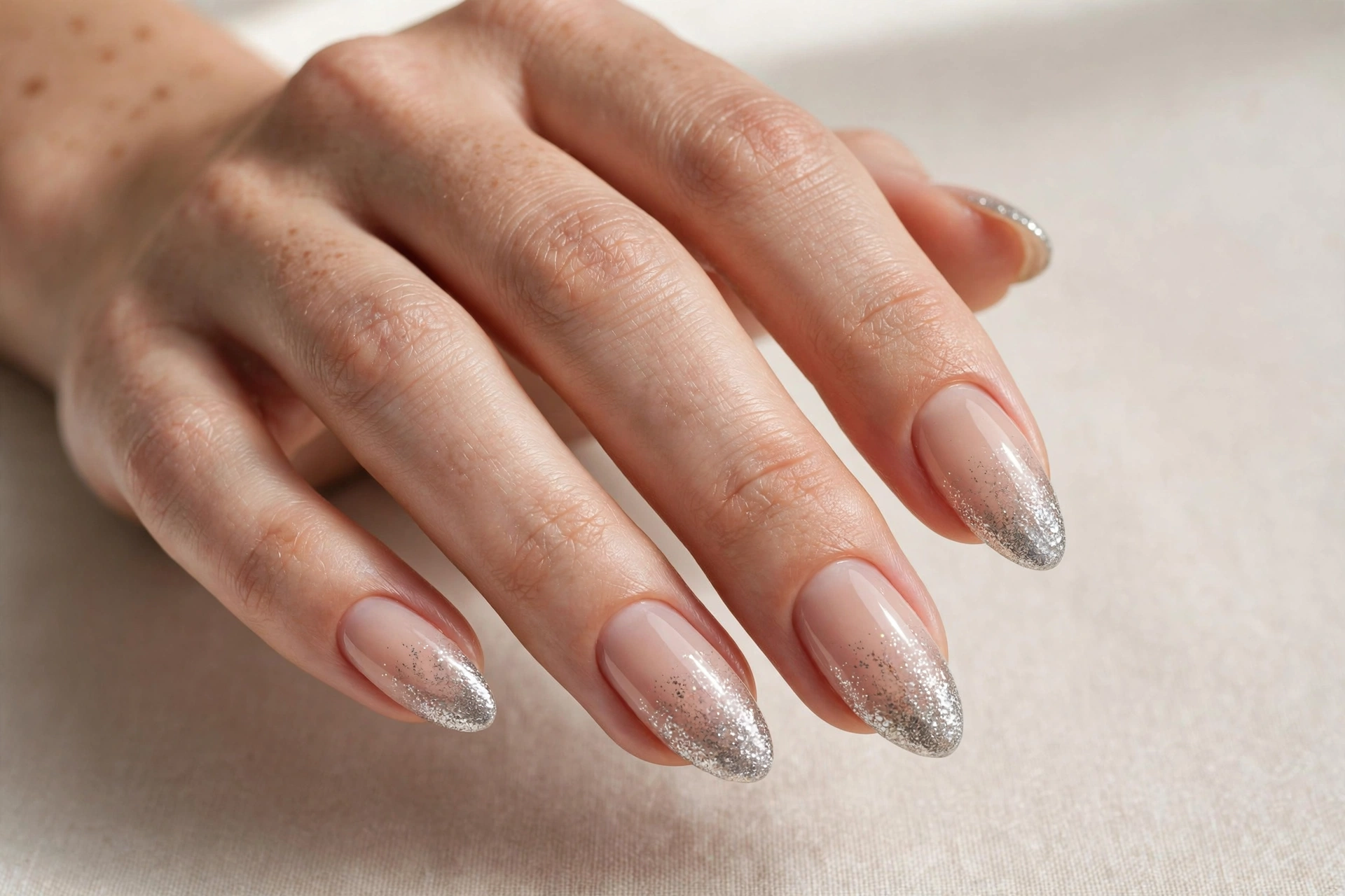 Nude gel nails with silver glitter gradient tips