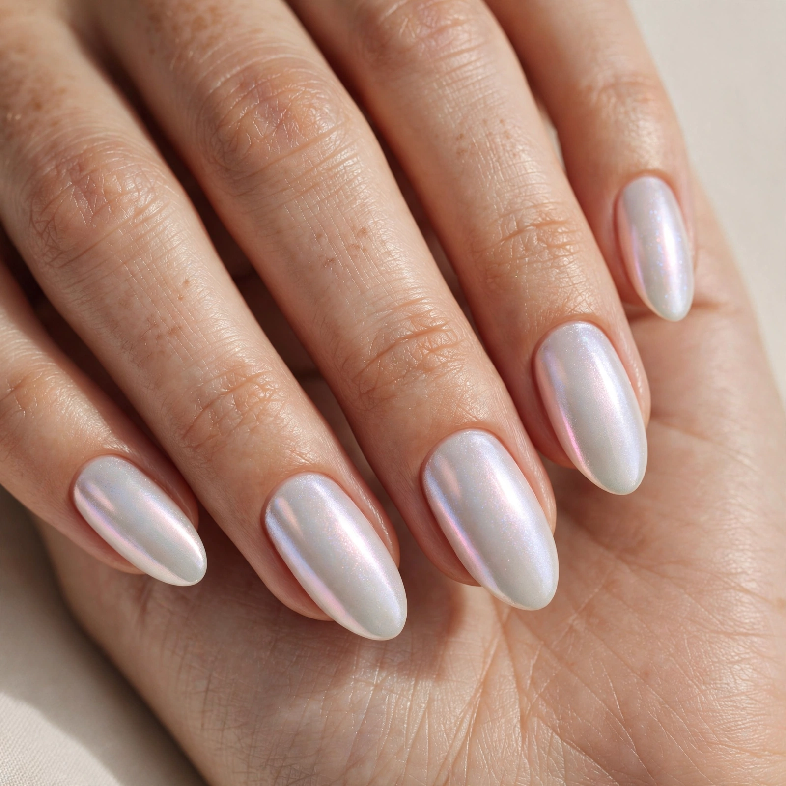 Iridescent pearl white gel nail design with shimmer