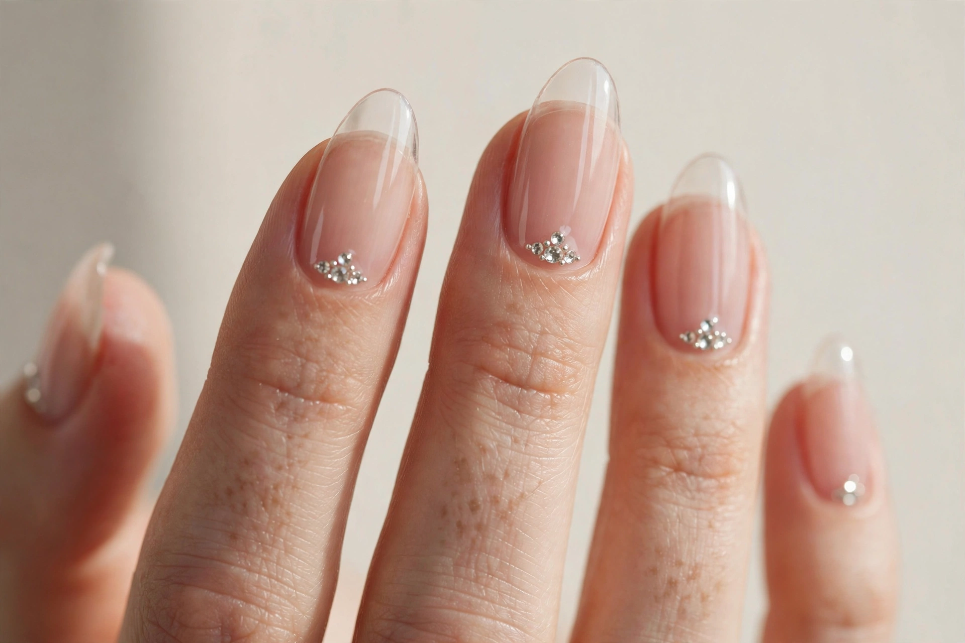Nude gel nails with tiny rhinestones near cuticles