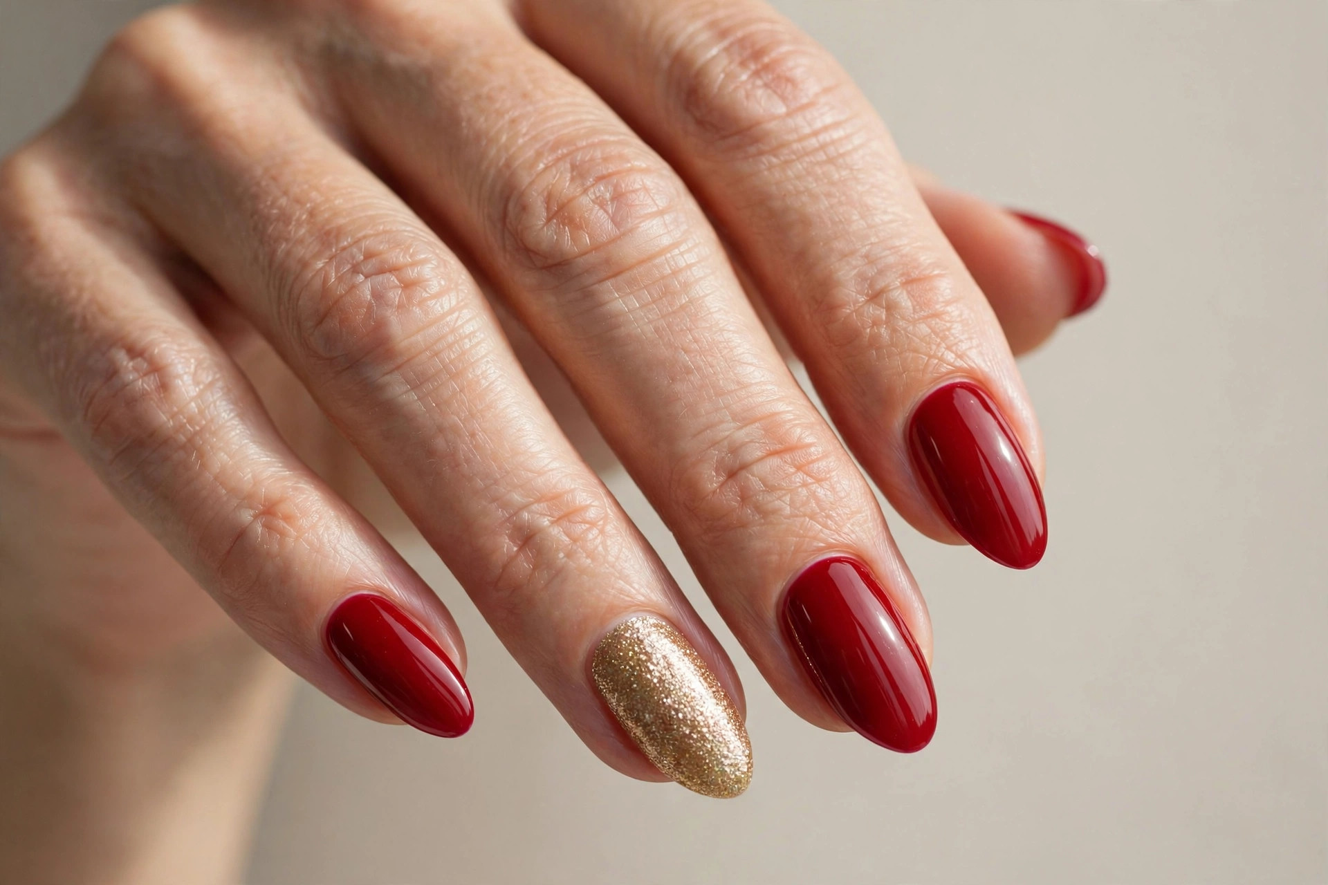 Classic glossy red gel nails with a gold glitter accent nail for Christmas