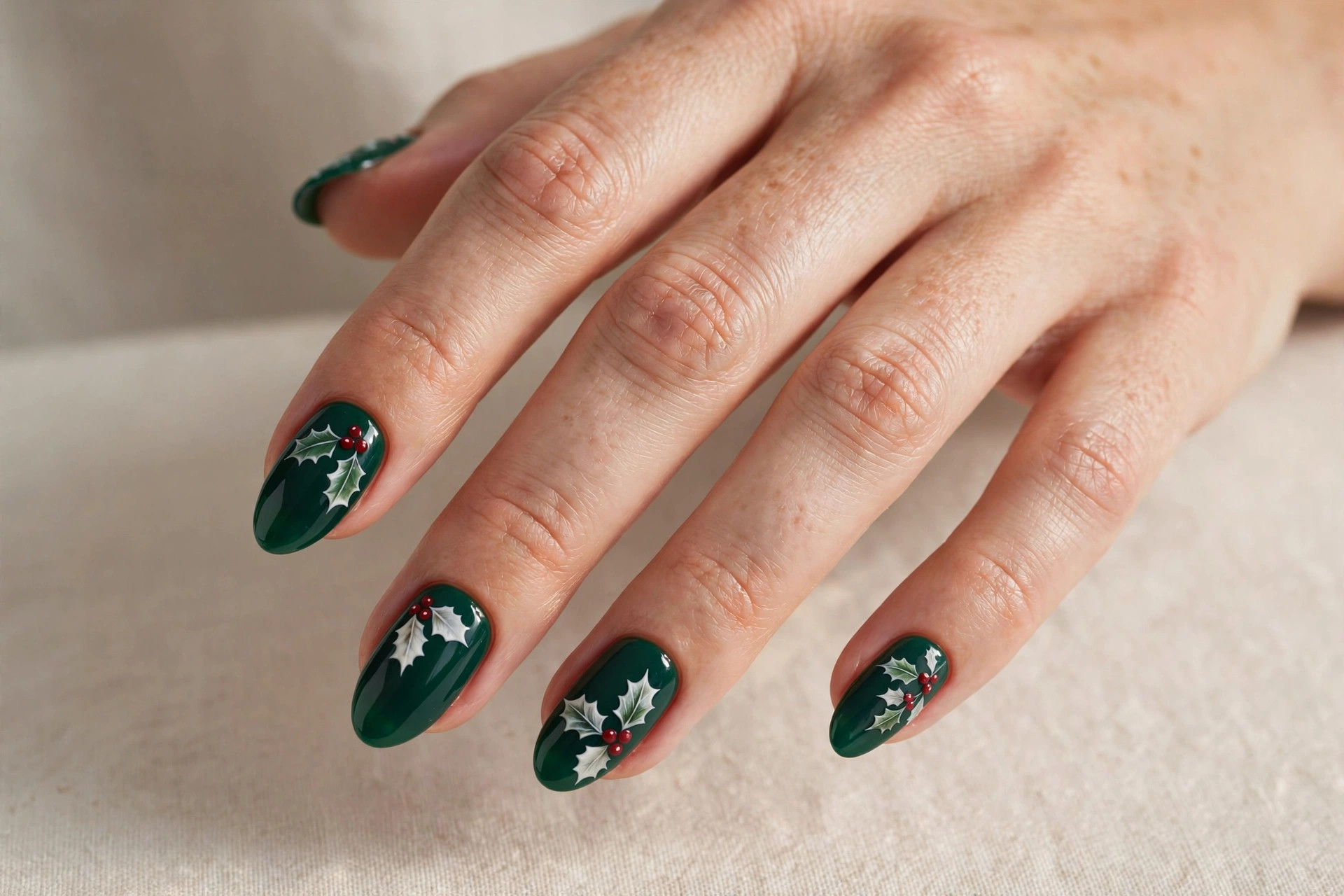 Deep emerald green gel nails with hand-painted white holly leaves and red berries