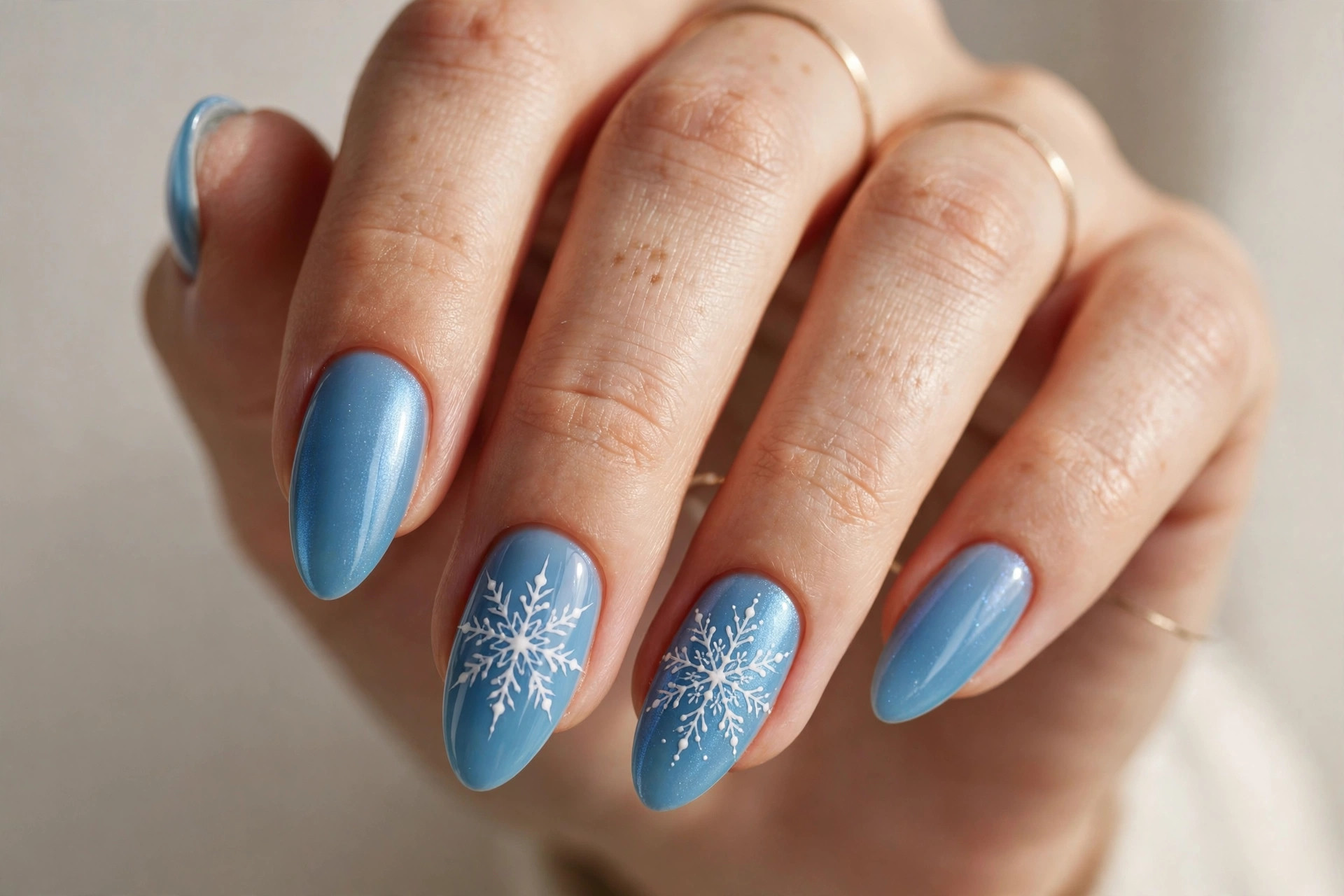 Icy blue gel nails with white hand-painted snowflake nail art