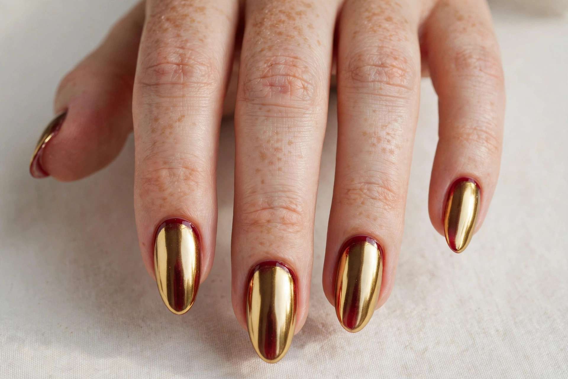 Mirror-shine gold chrome gel nails over a red base for Christmas