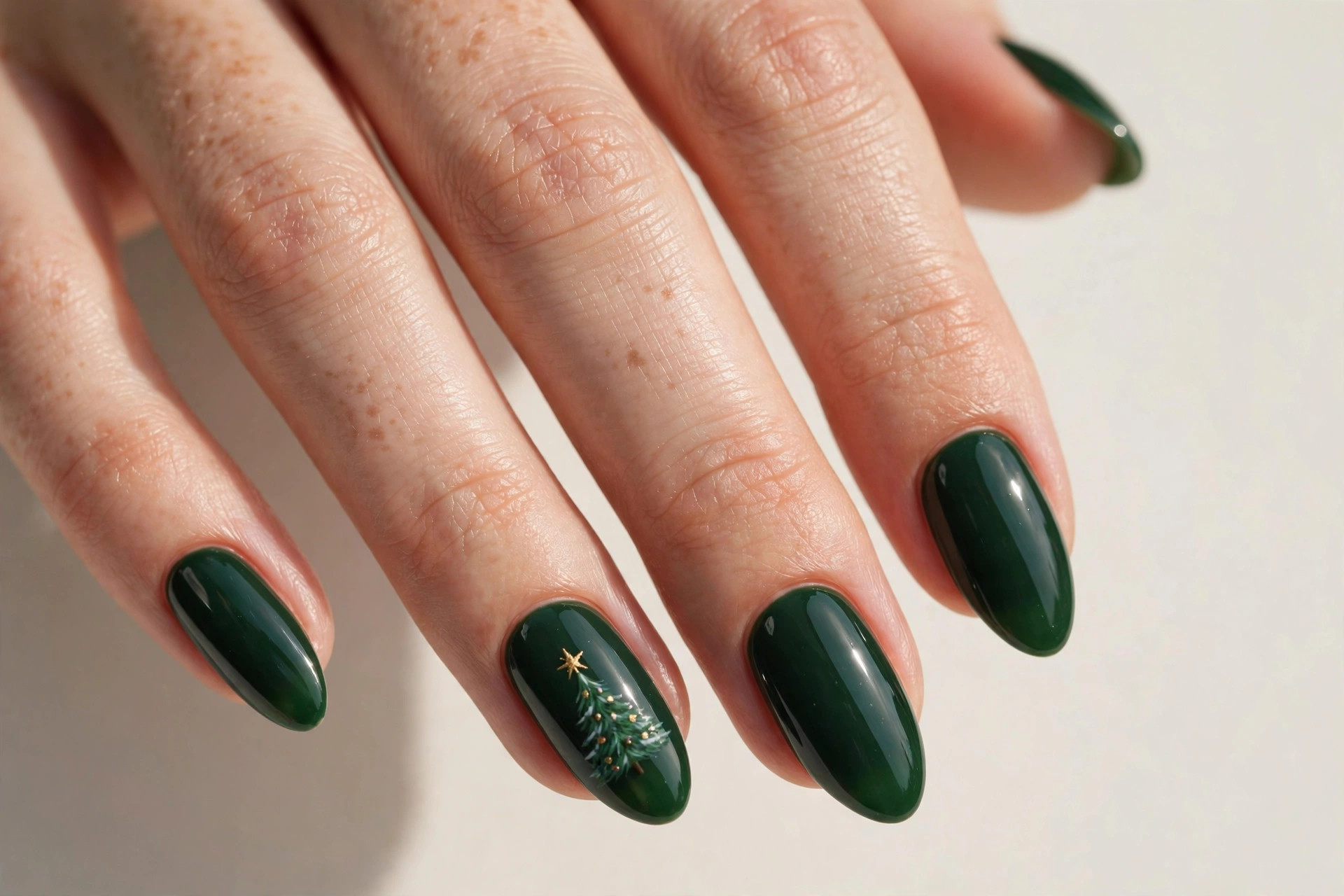 Dark green gel nails with a hand-painted Christmas tree and gold star accent
