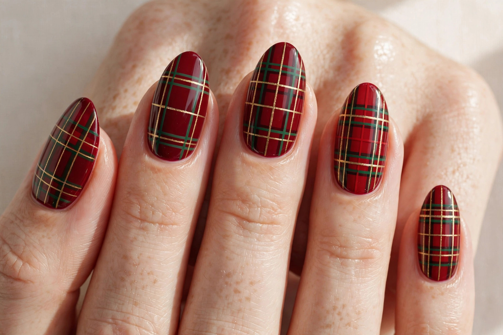 Burgundy gel nails with hand-painted tartan plaid pattern in red, green and gold
