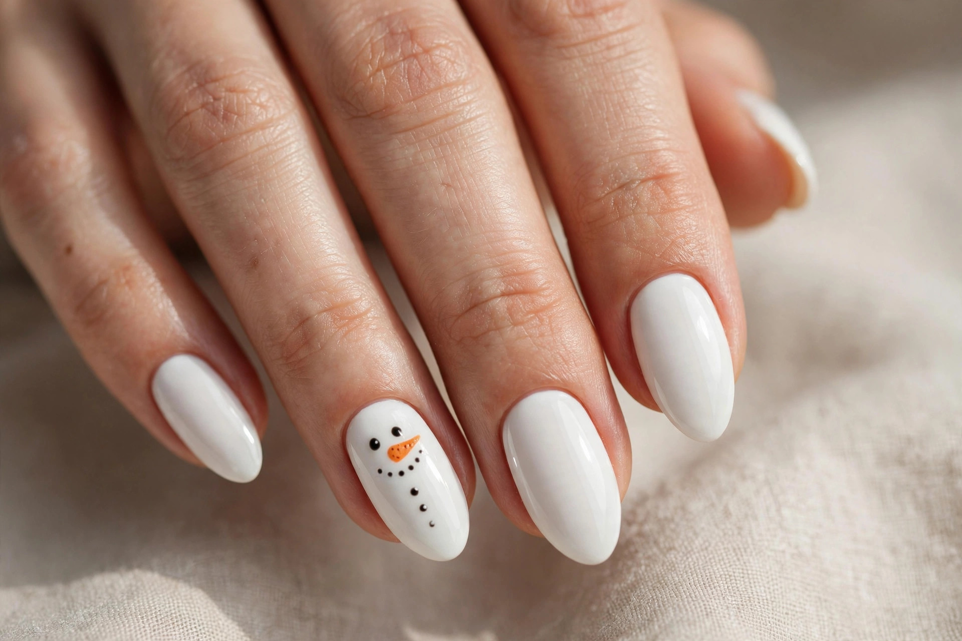 White gel nails with a cute hand-painted snowman face accent nail