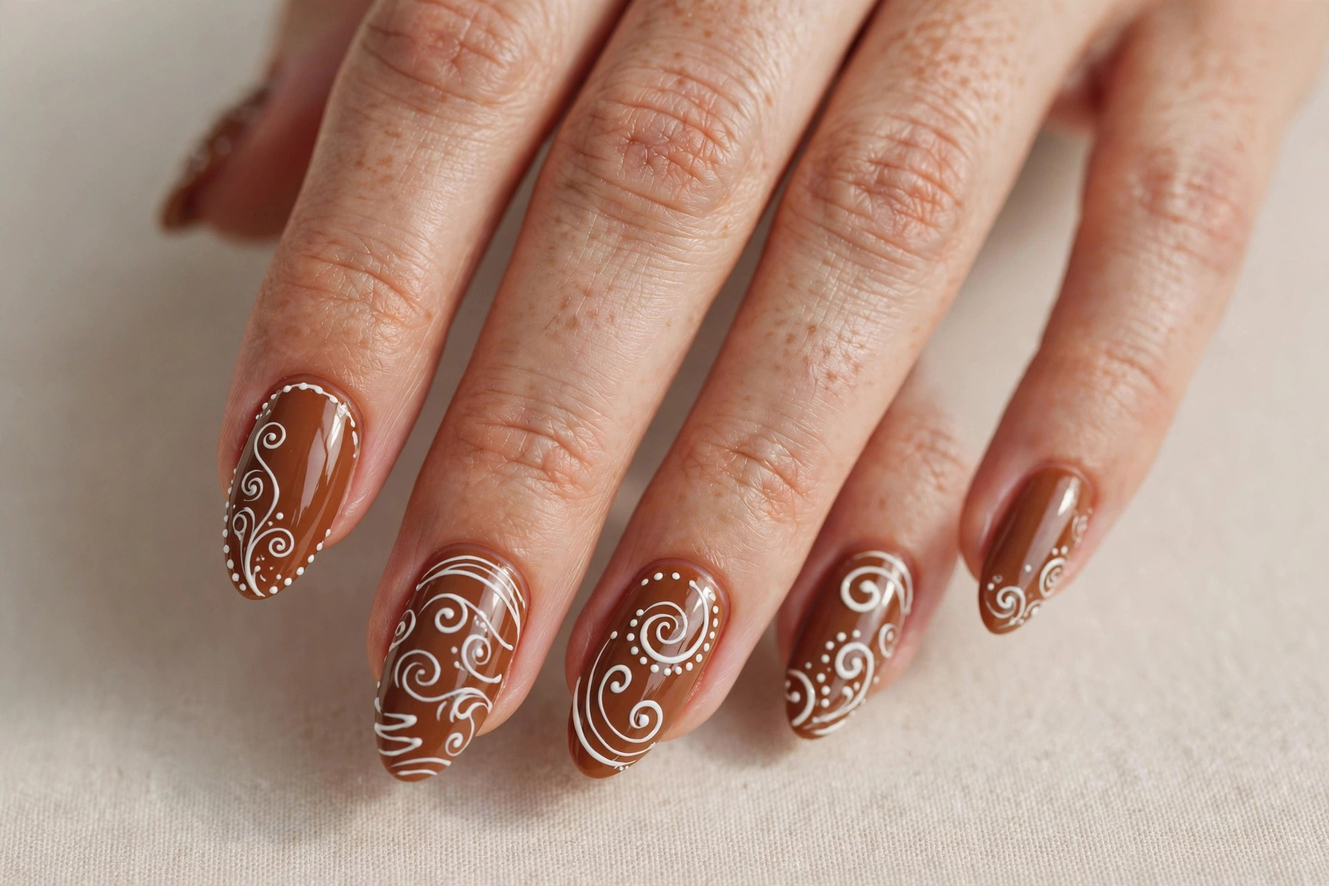 Warm gingerbread brown gel nails with white icing swirl nail art