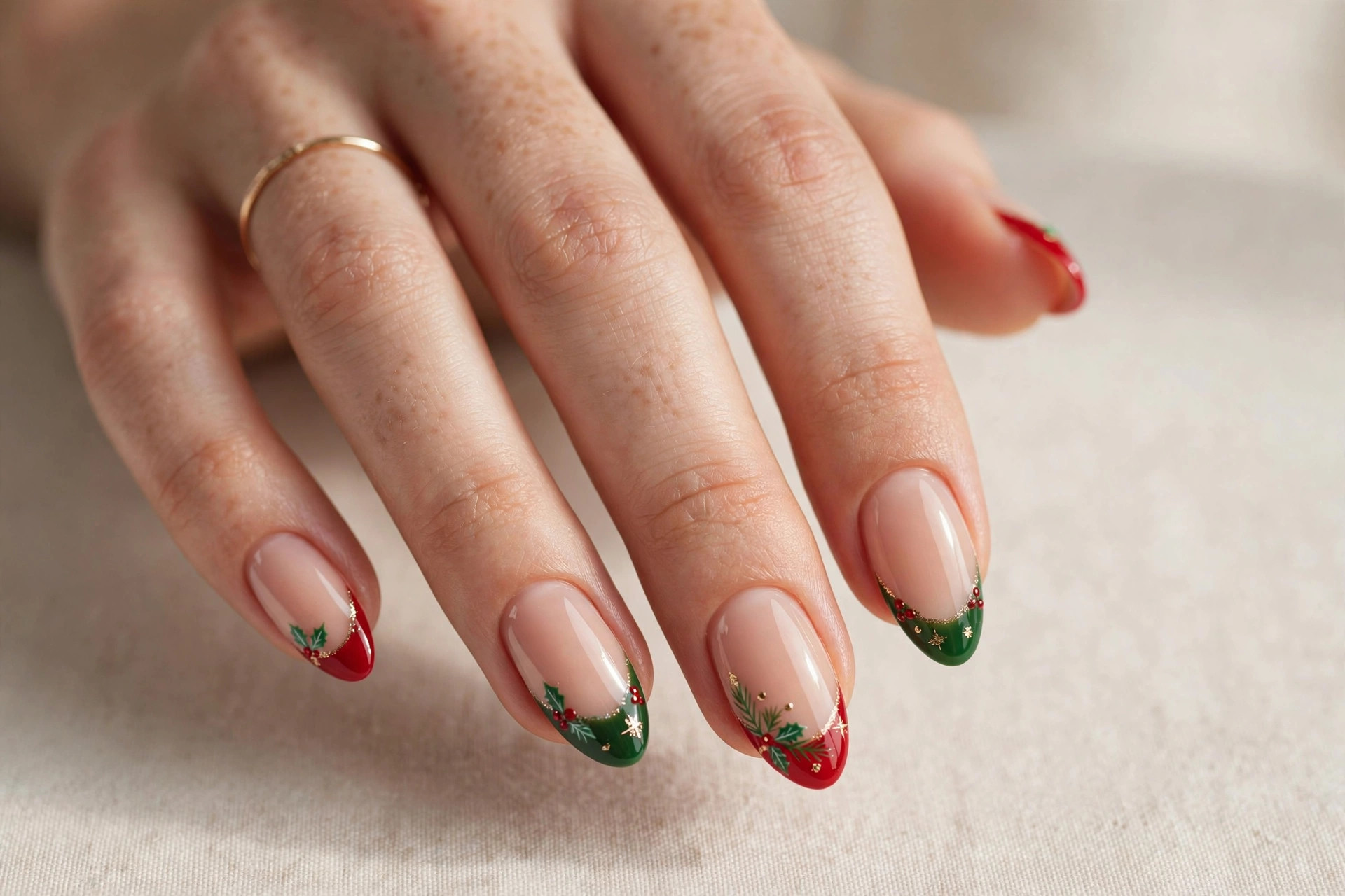 Nude gel nails with red and green Christmas French tip design