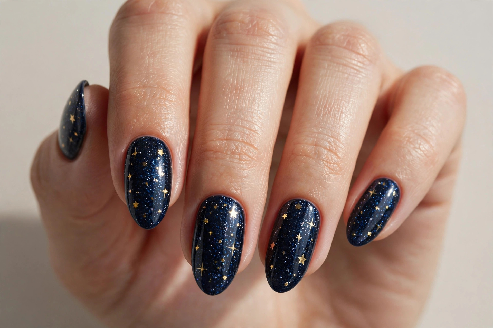 Midnight blue glitter gel nails with tiny gold star nail art like a Christmas night sky