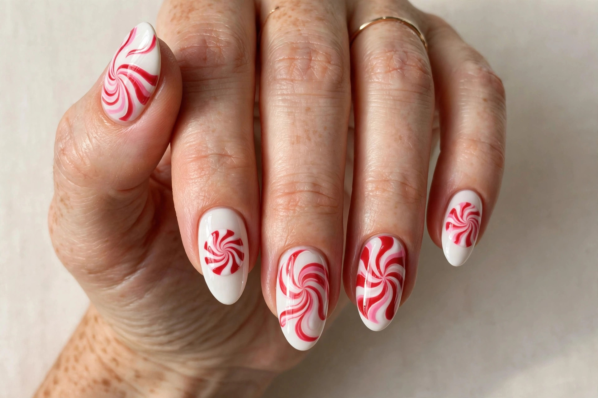 White gel nails with red and pink peppermint candy swirl nail art