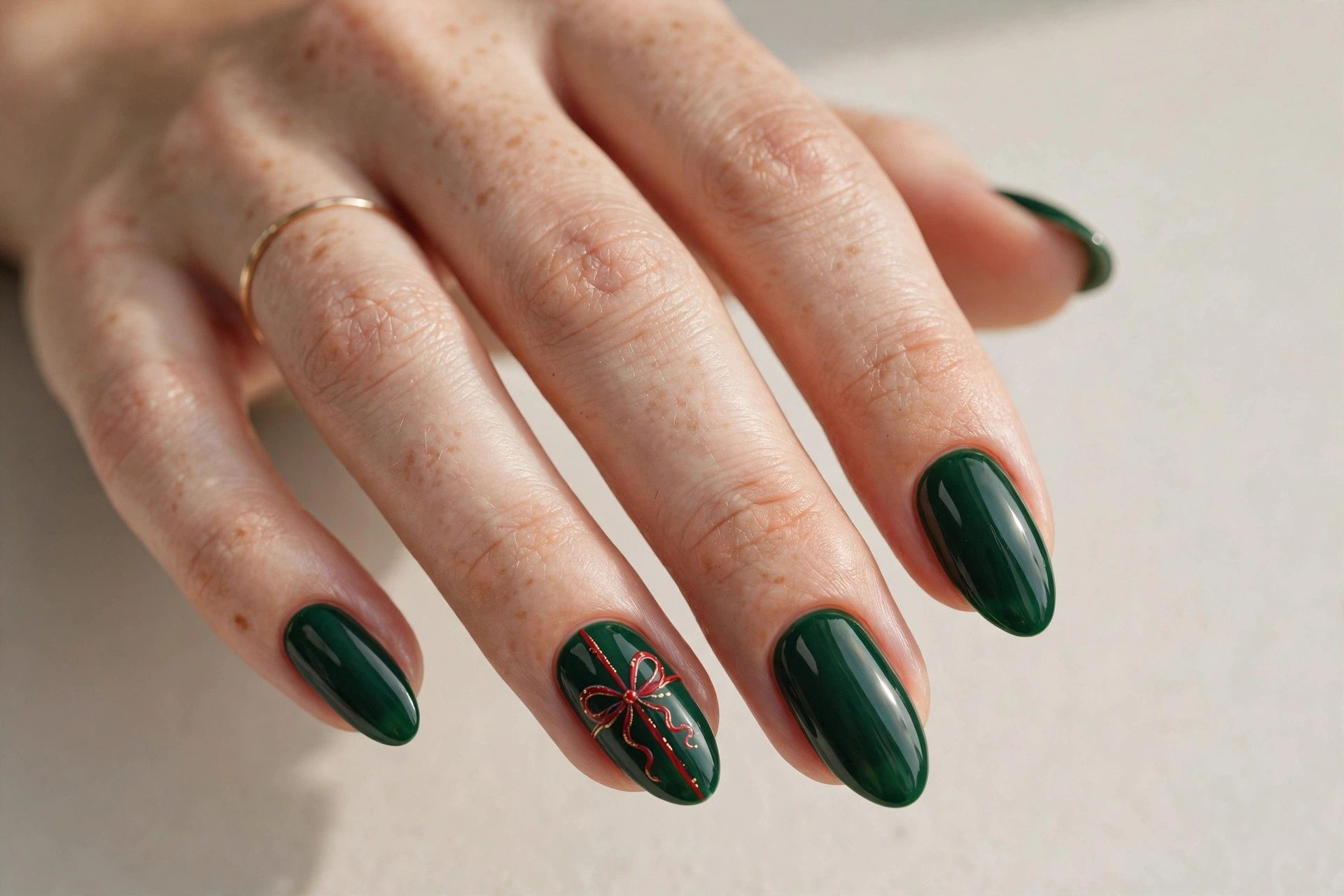 Deep green gel nails with a hand-painted red gift bow accent nail