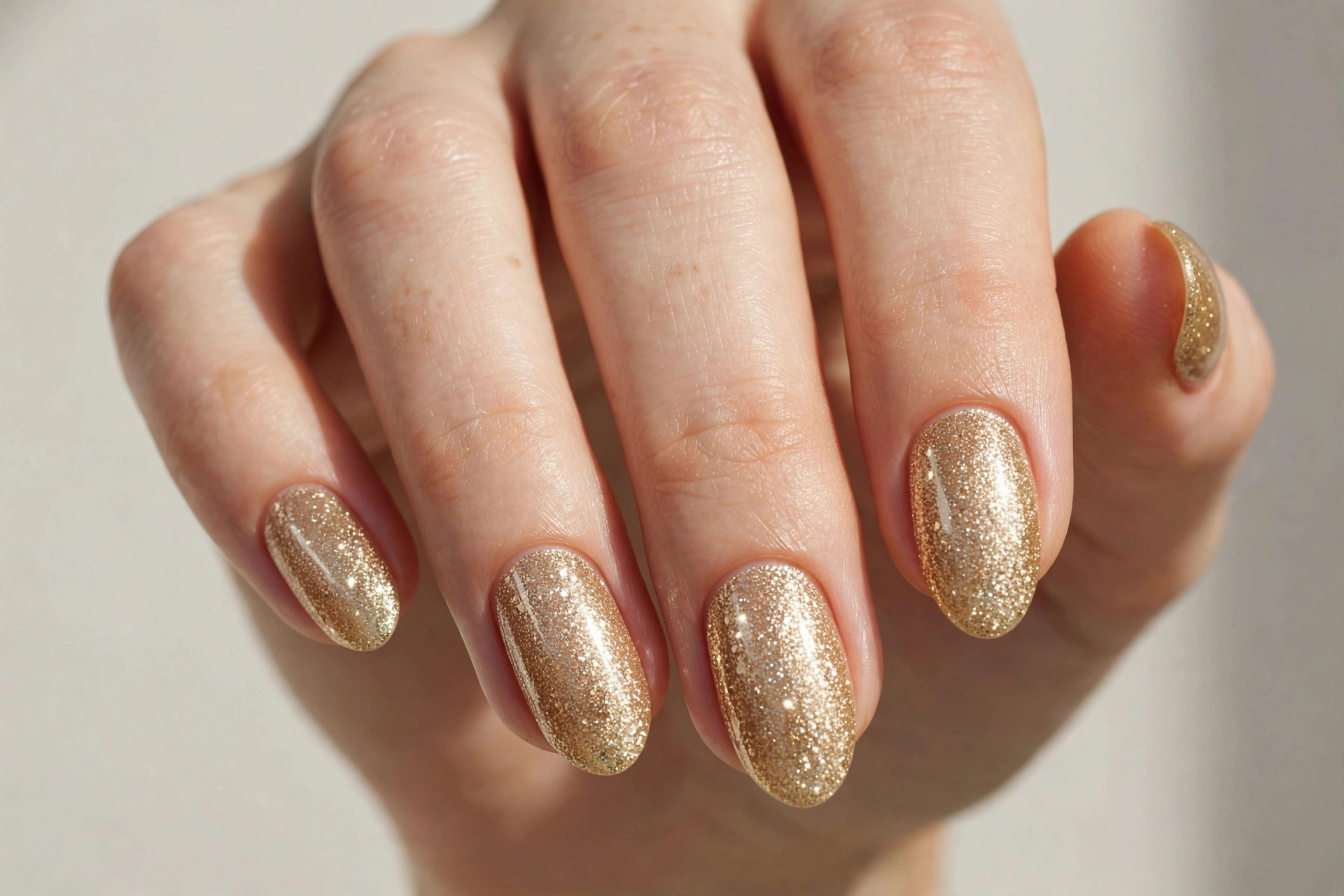 Full-coverage champagne gold glitter gel nails for Christmas