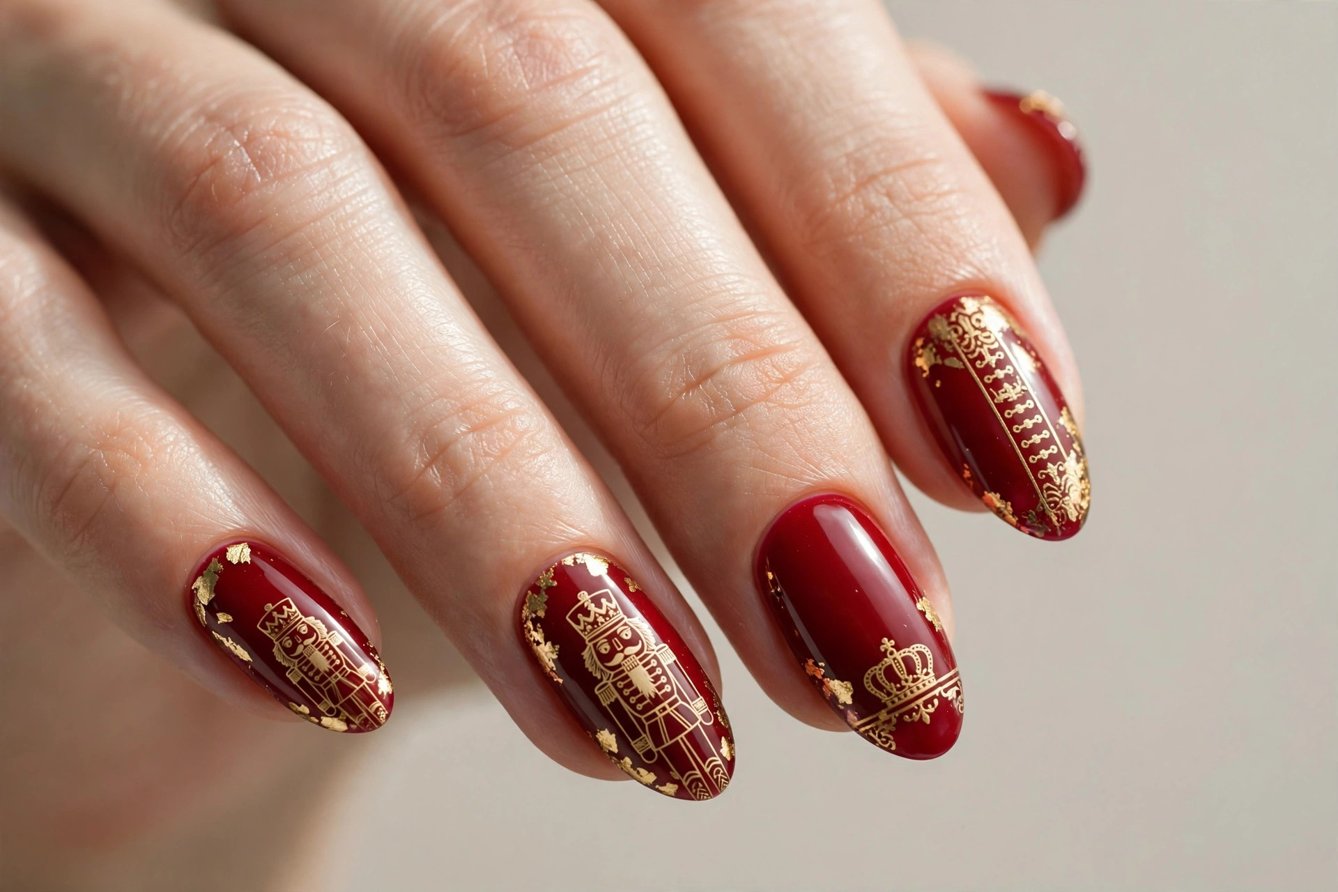 Rich red gel nails with elegant gold nutcracker-inspired detailing and foil