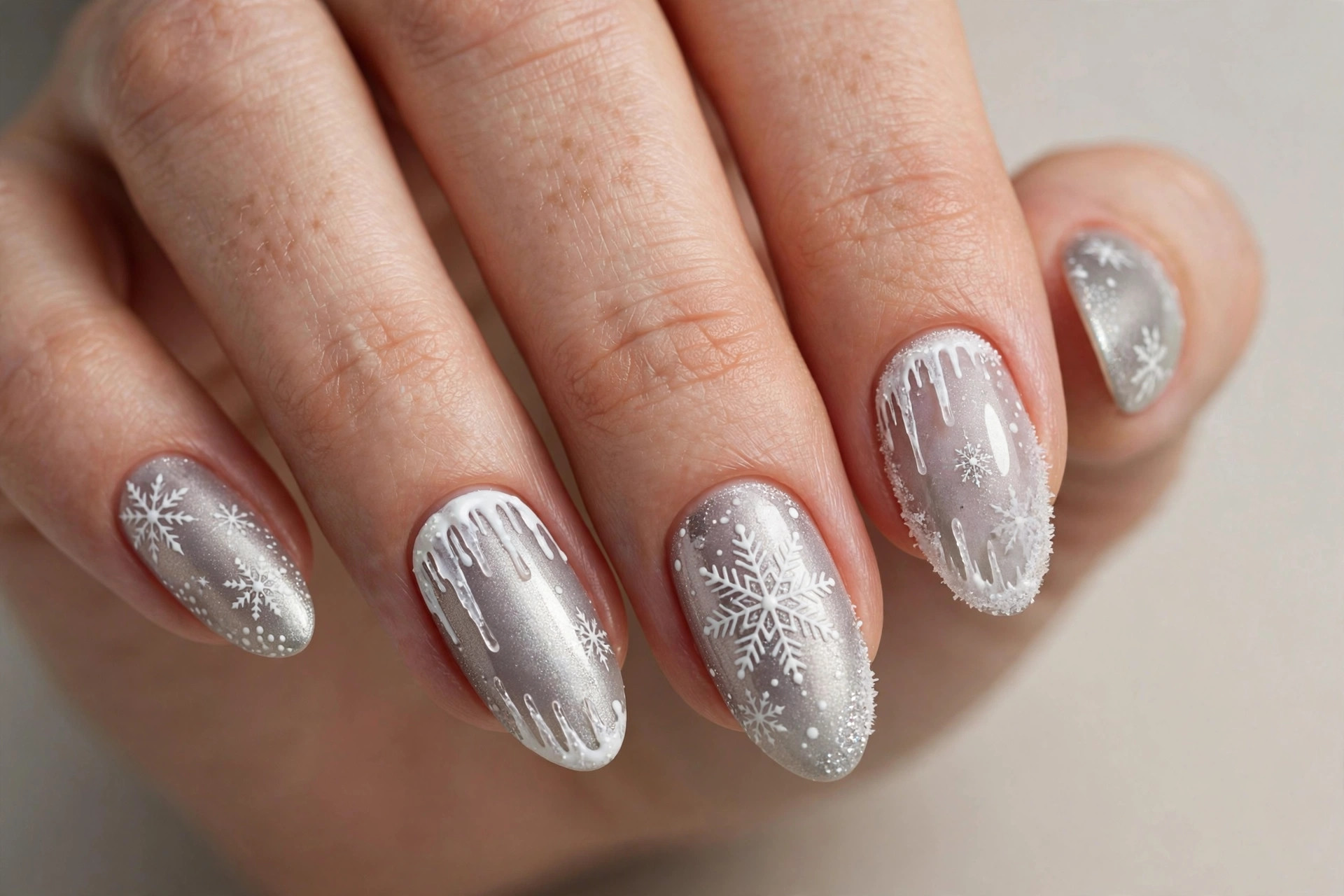 Silver gel nails with white icicle and snowflake winter nail art