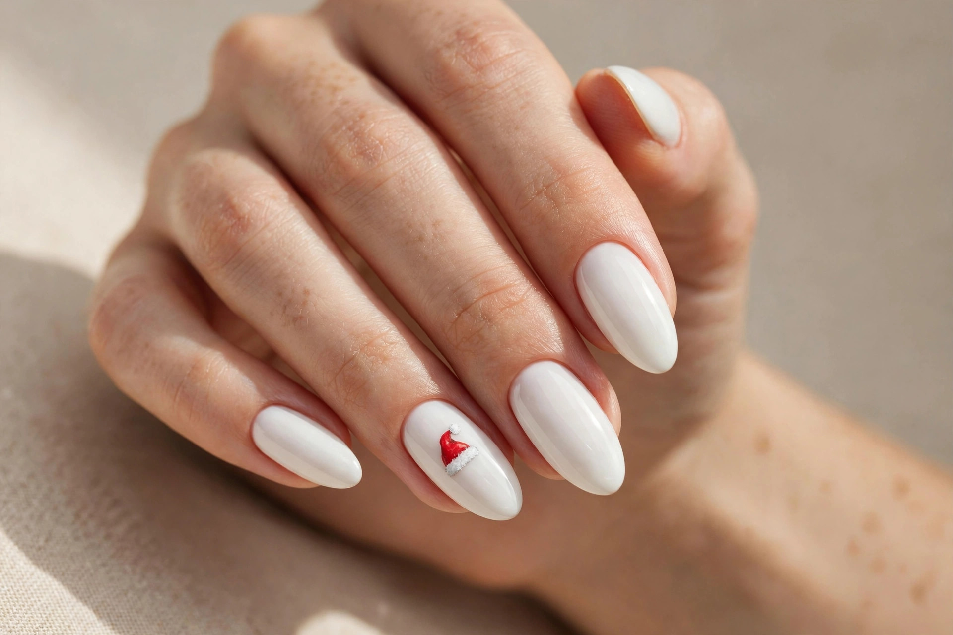 White gel nails with a tiny hand-painted red Santa hat accent nail