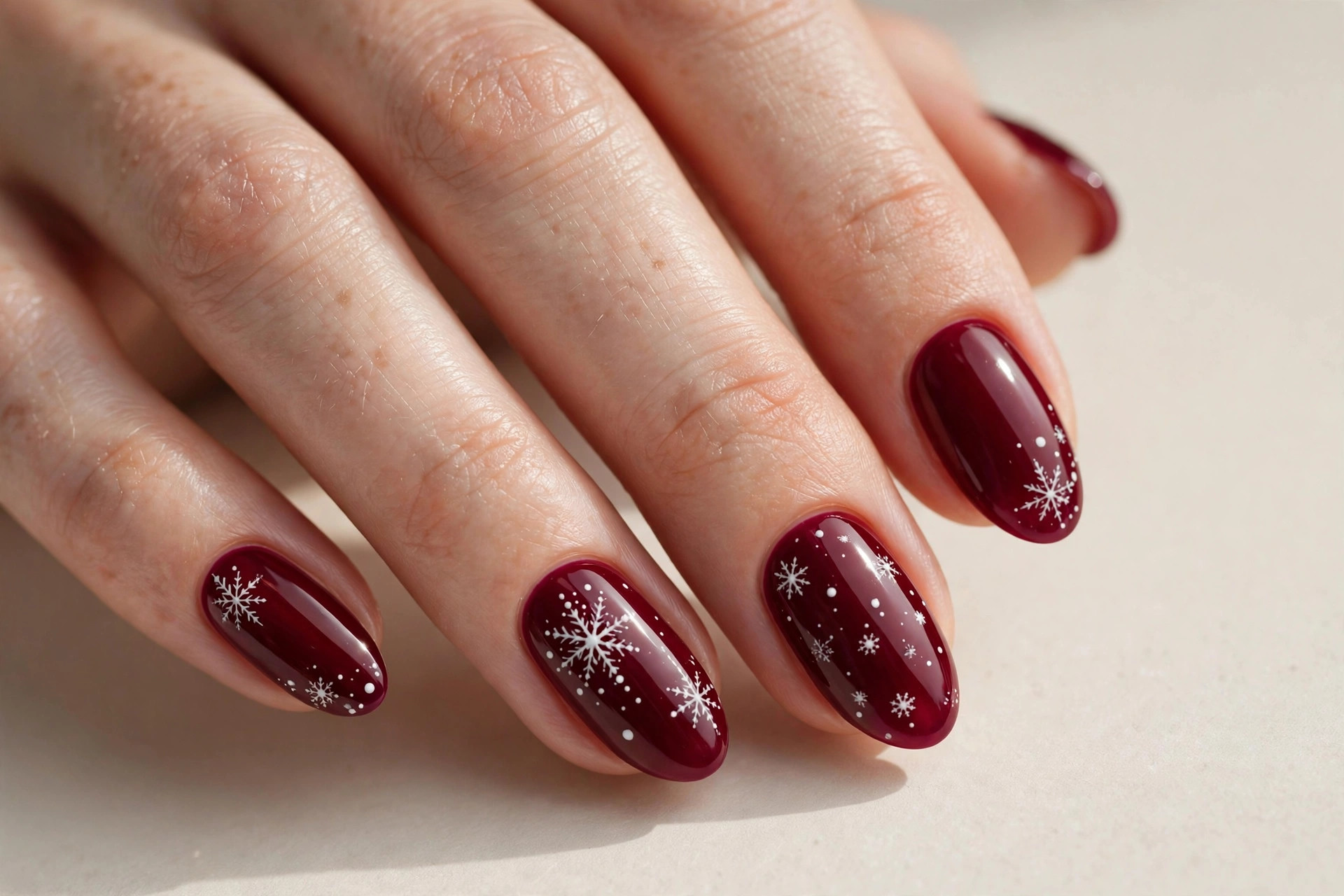 Deep cranberry wine gel nails with delicate white hand-painted falling snow