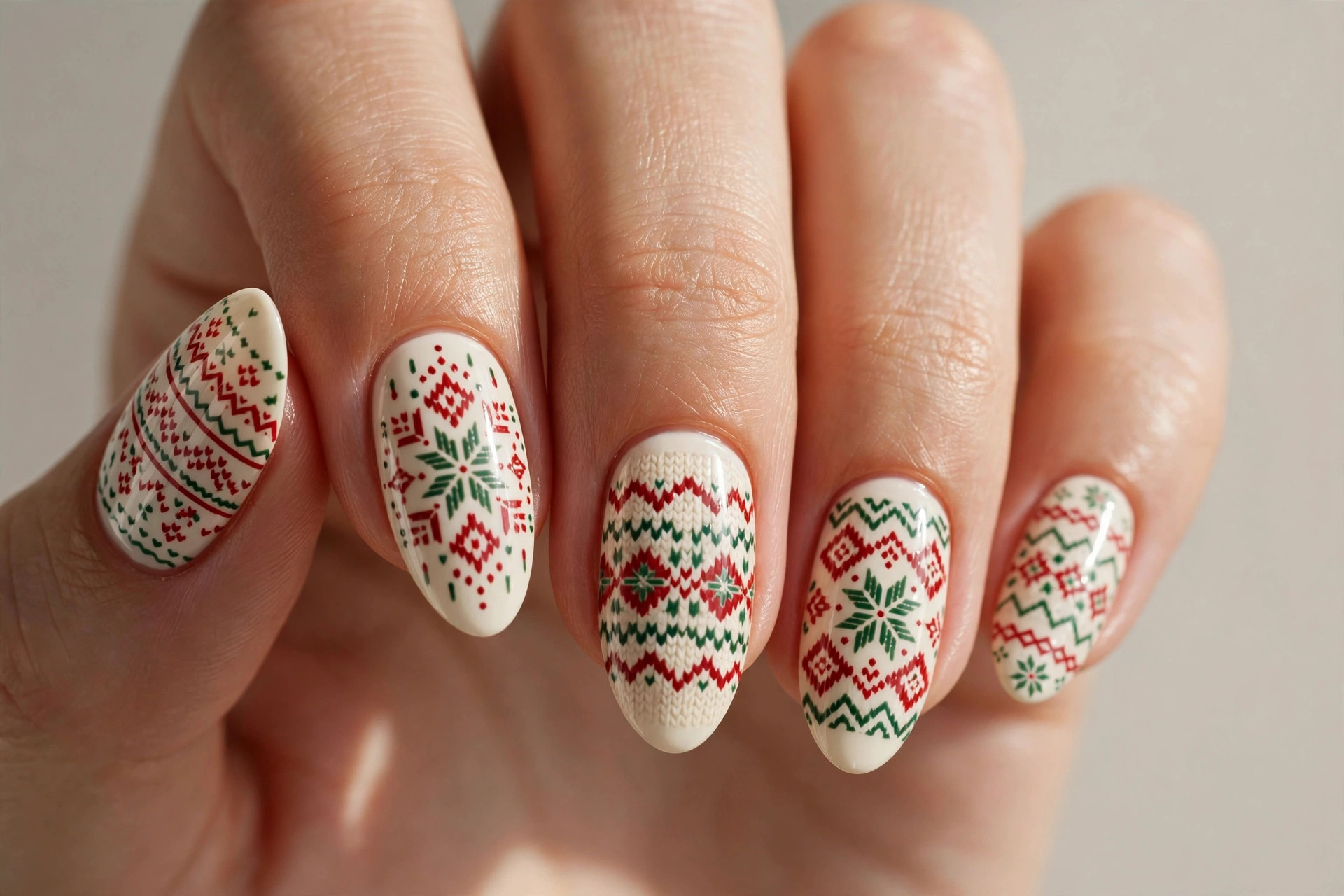 Cream white gel nails with hand-painted red and green fair isle knit sweater pattern