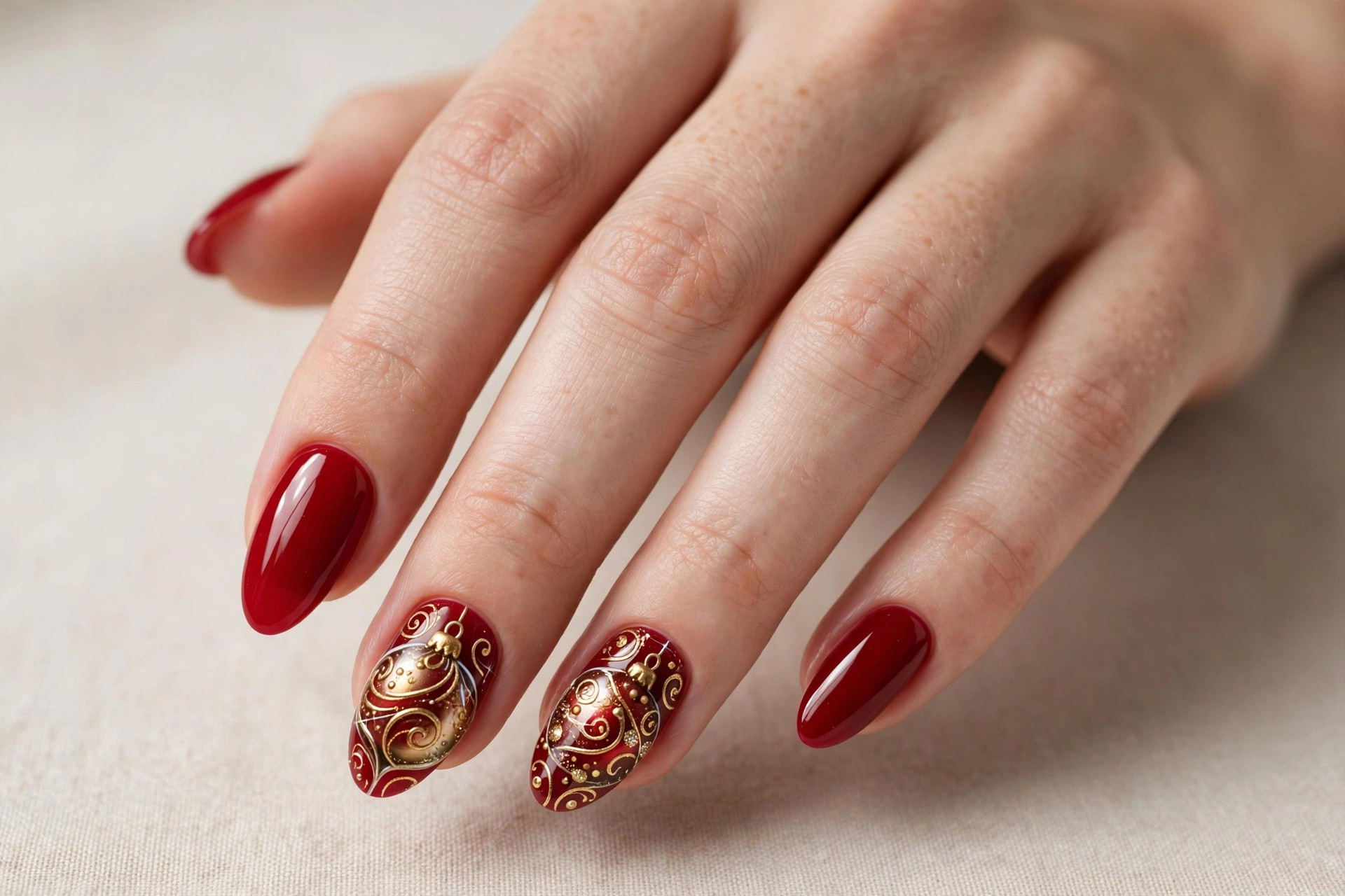 Red gel nails with shiny Christmas ornament bauble nail art and gold swirls