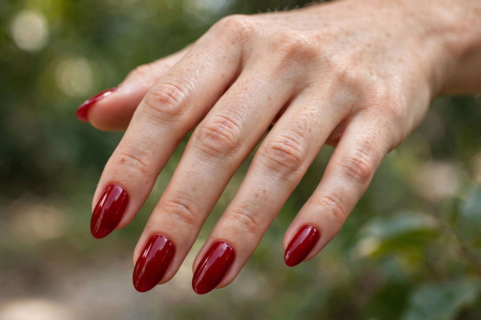 Glossy cherry red solid gel nails in almond shape