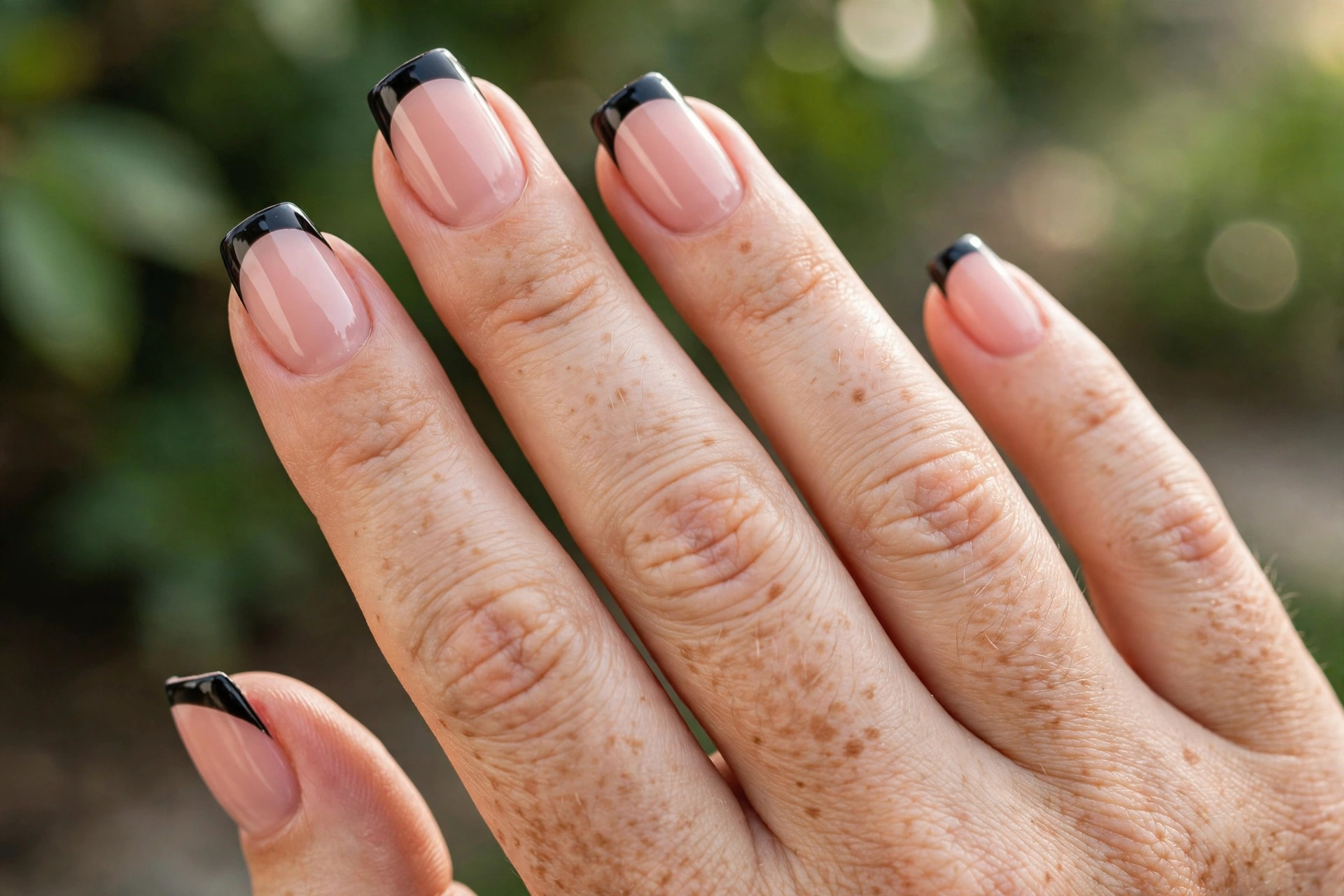 Black French tip gel nails on nude pink base