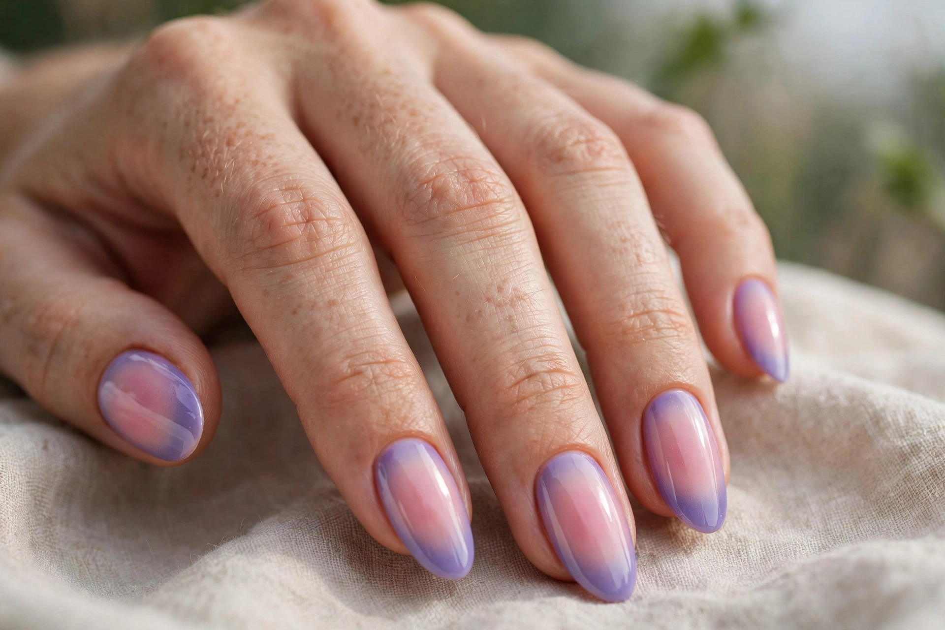 Aura gel nails with pink and lavender gradient bloom