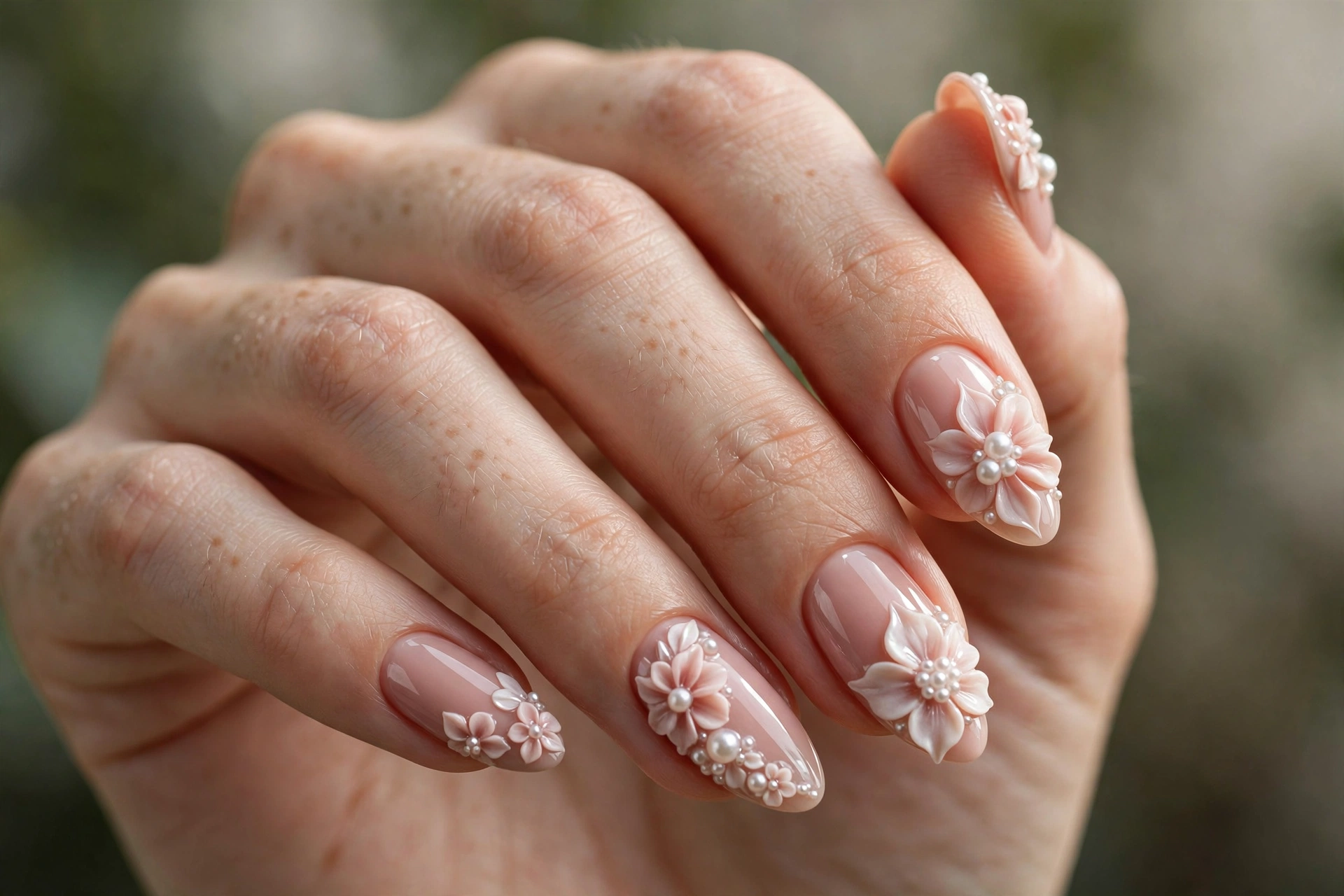 3D sculpted floral and pearl gel nail accents on blush nude base