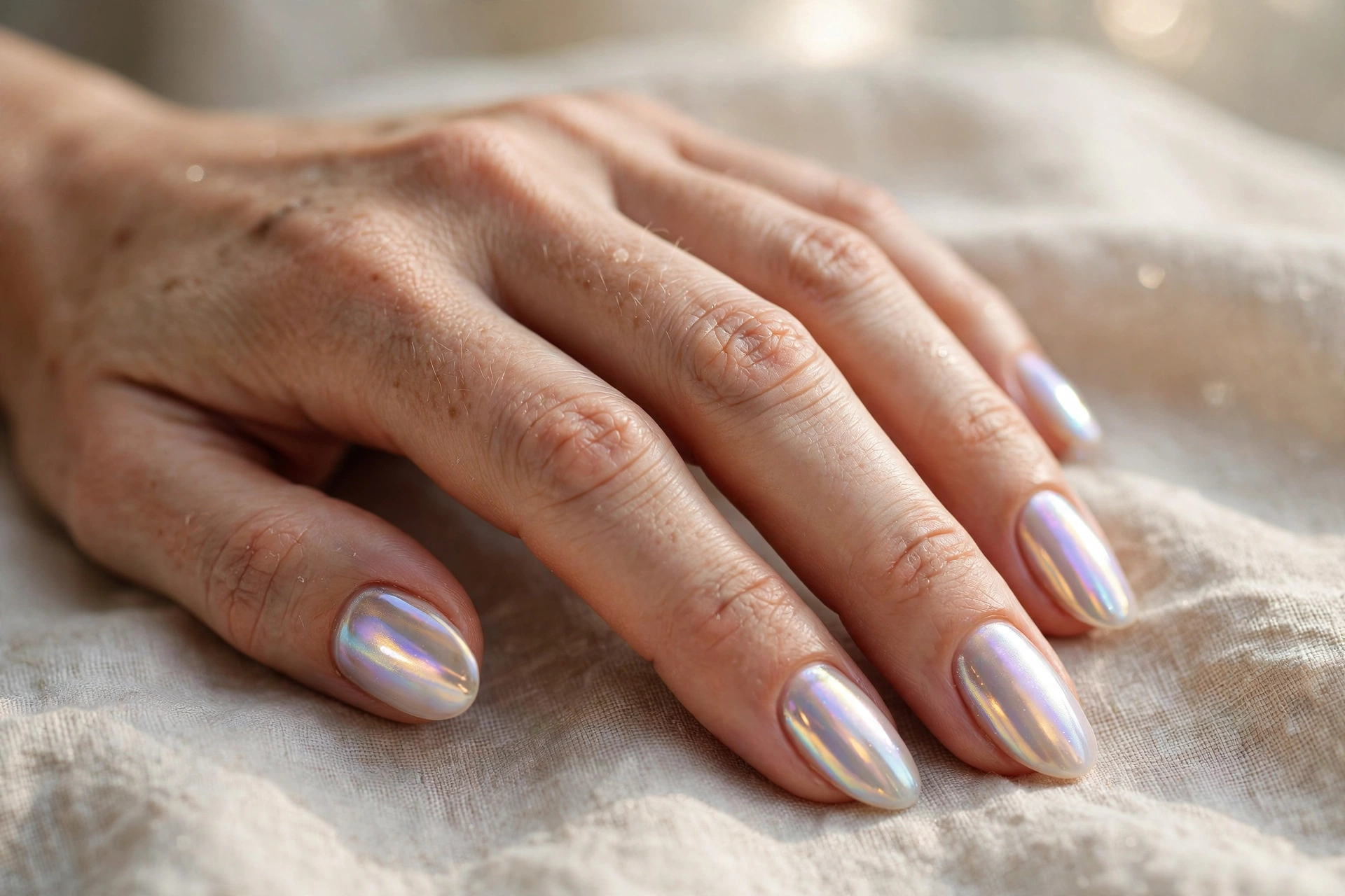 Glazed donut chrome gel nails in pearly iridescent white