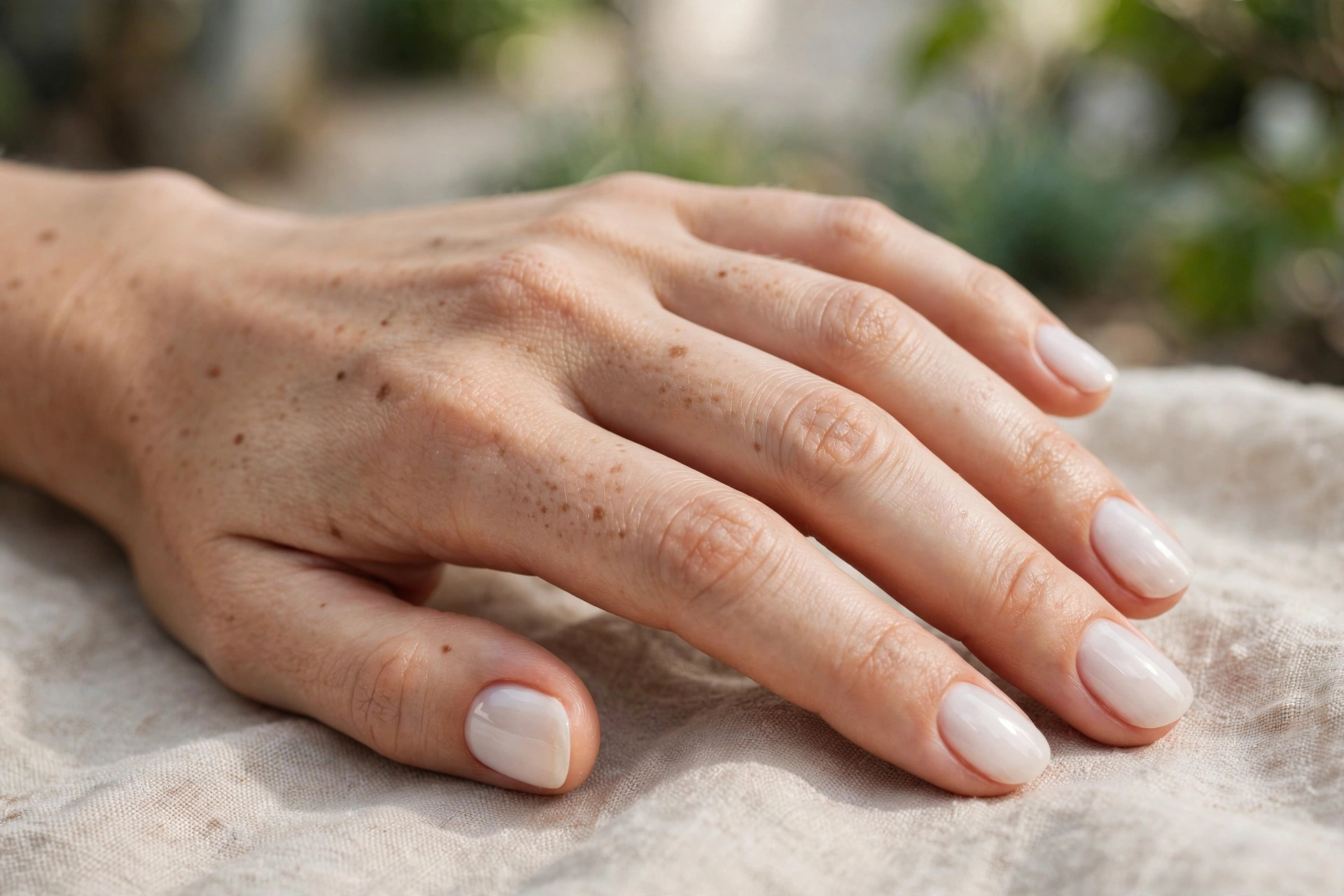 Milky white gel nails in short oval shape with glassy shine