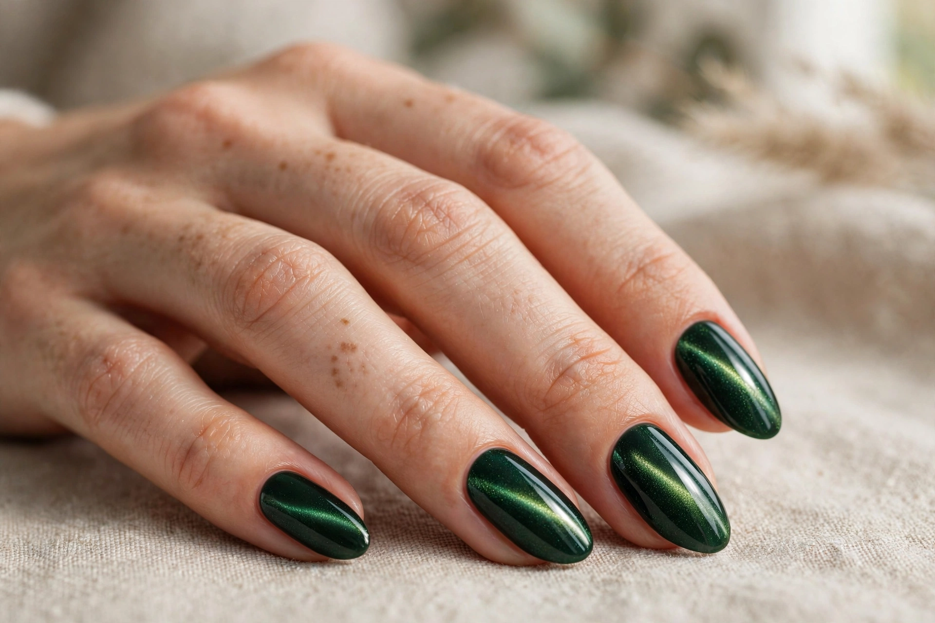 Emerald green cat-eye magnetic gel nails with light stripe