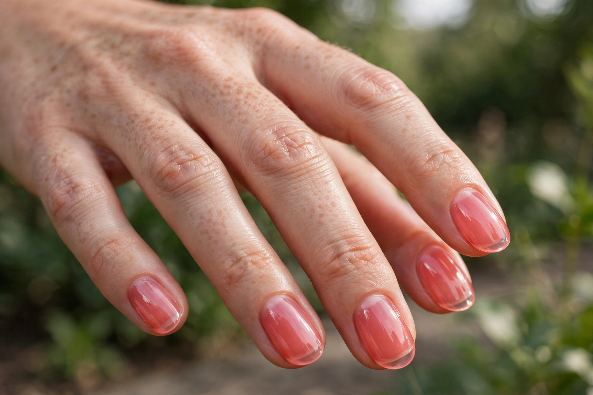 Sheer watermelon pink jelly tint gel nails with glassy finish