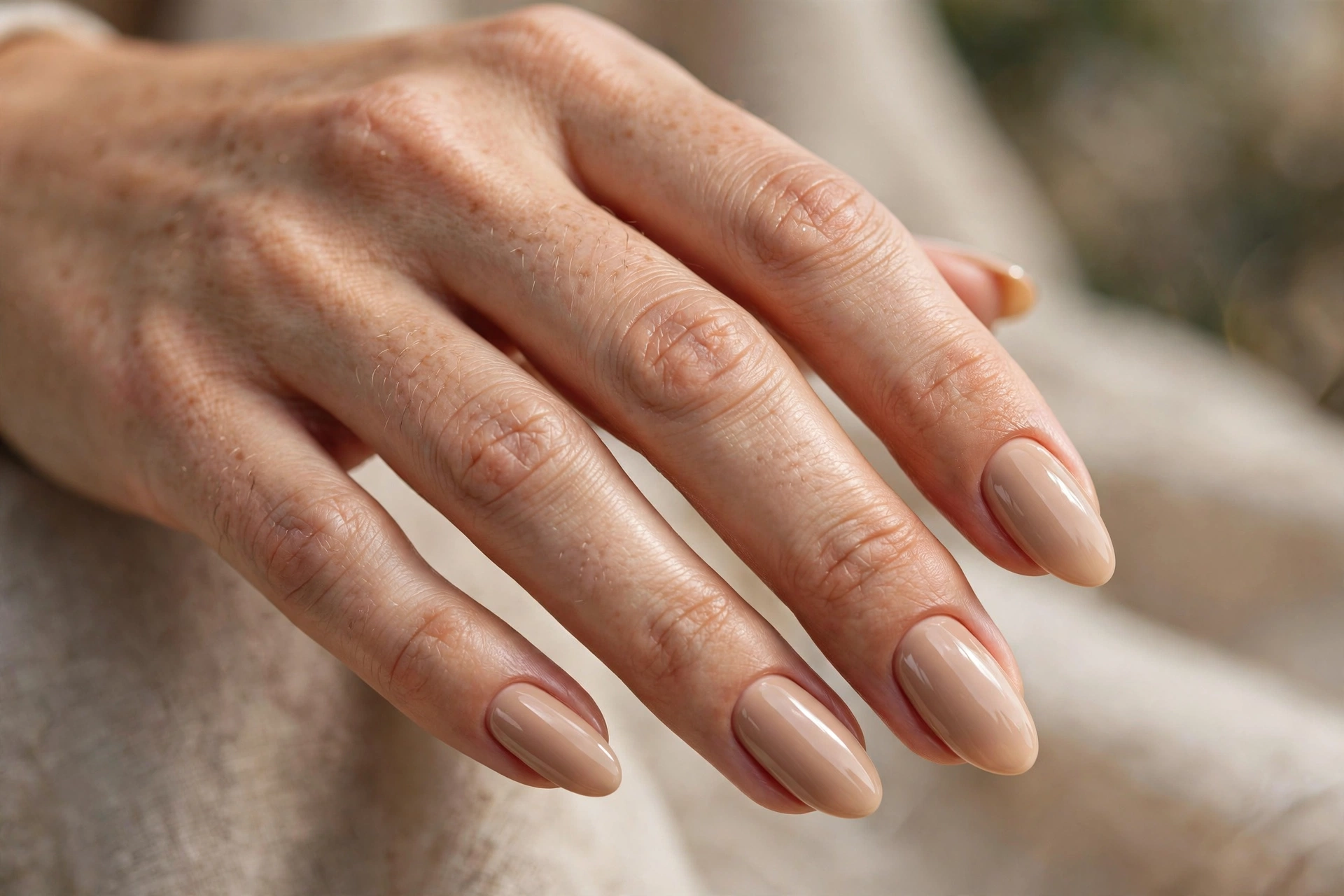 Builder gel nude nails in warm beige on almond shape