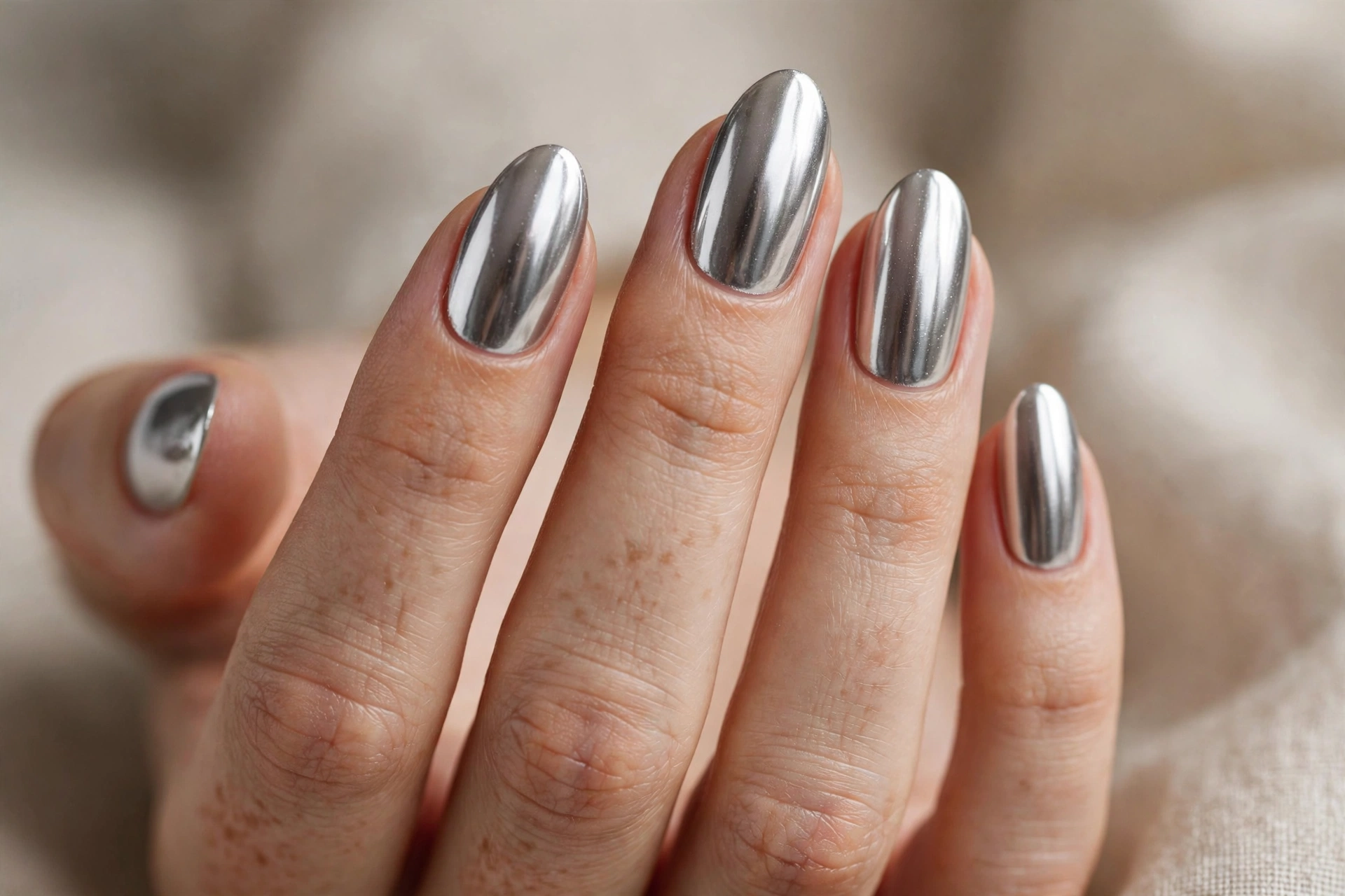 Mirror chrome powder silver gel nails with liquid metal finish