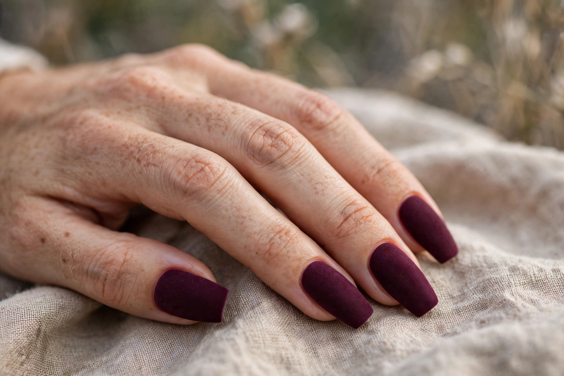 Velvet matte plum burgundy gel nails in coffin shape
