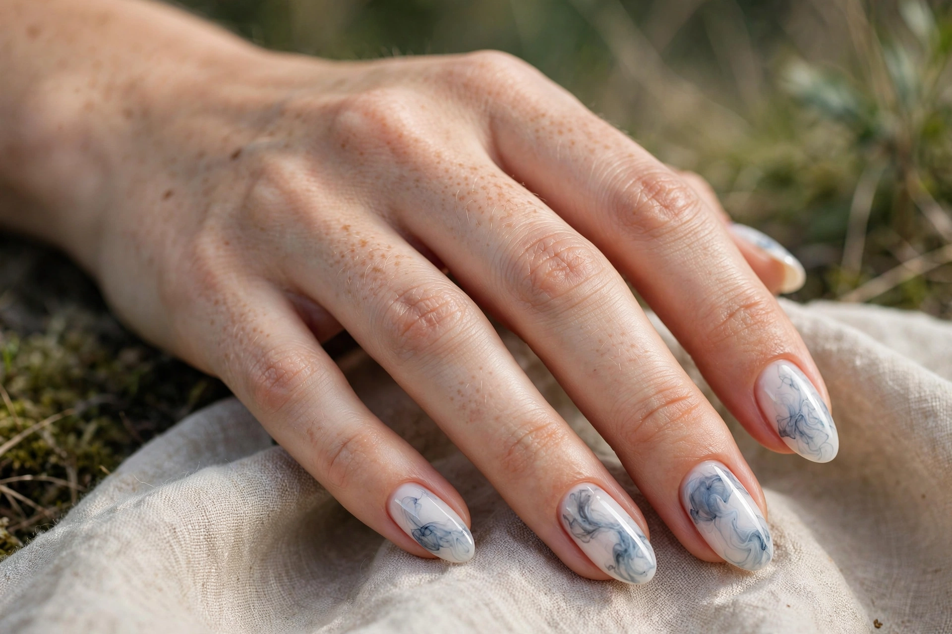 Blooming gel marble nails with blue grey swirls on milky base