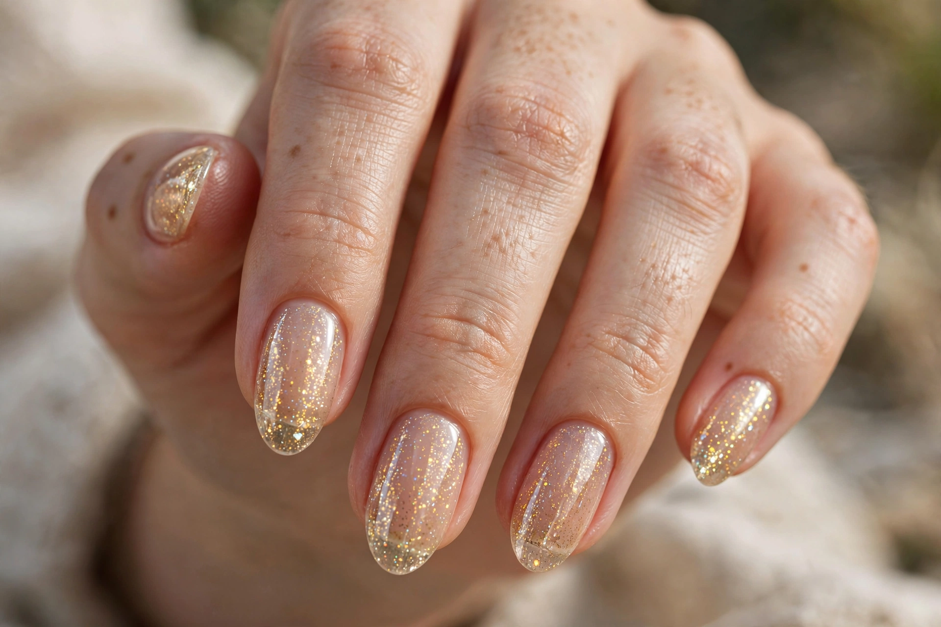 Encapsulated gold glitter gel nails over nude base