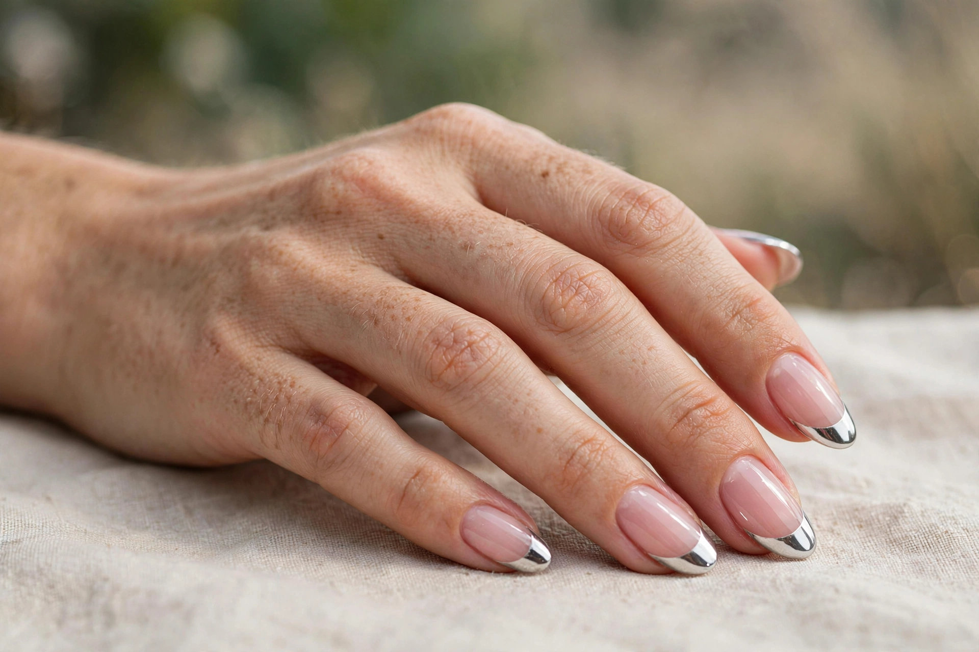 French chrome tips in silver over sheer pink gel base