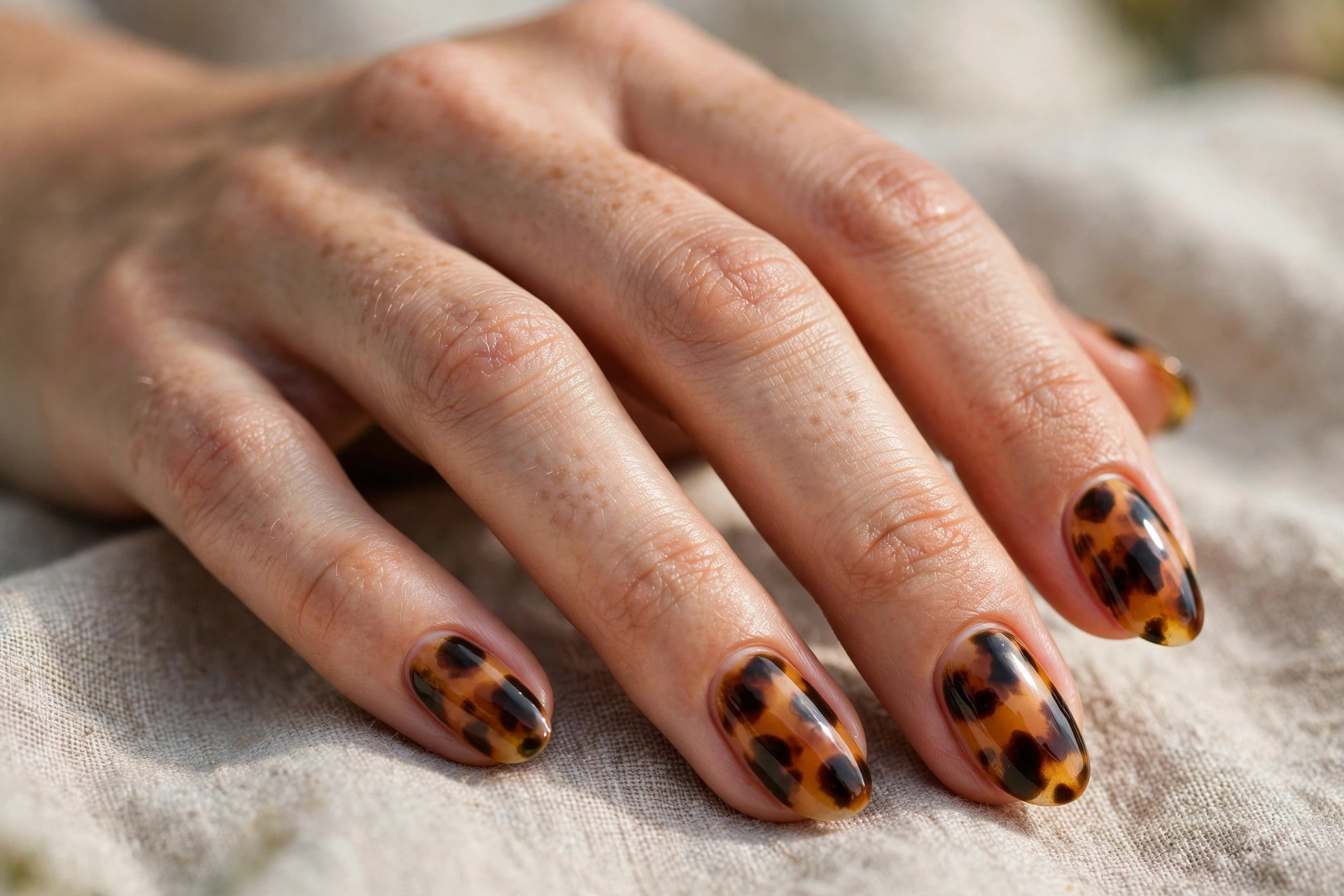 Tortoiseshell amber and brown gel nails with glossy finish