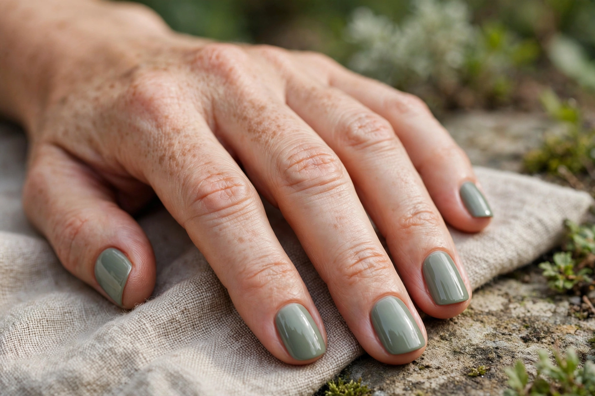 Sage green gel nails in short squoval shape